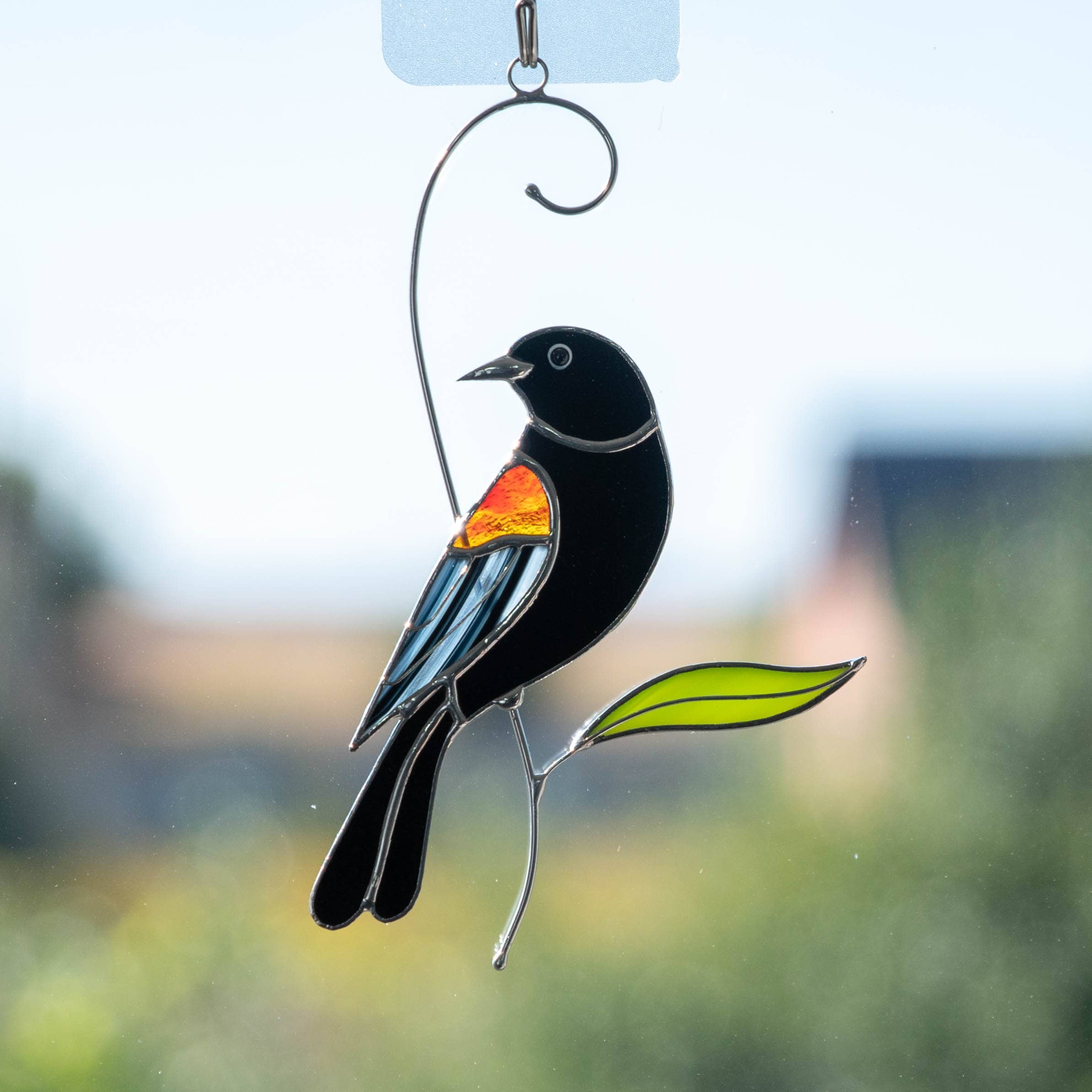 Red winged blackbird stained glass bird suncatcher Grandma gifts Custom stained glass art Godfather gift