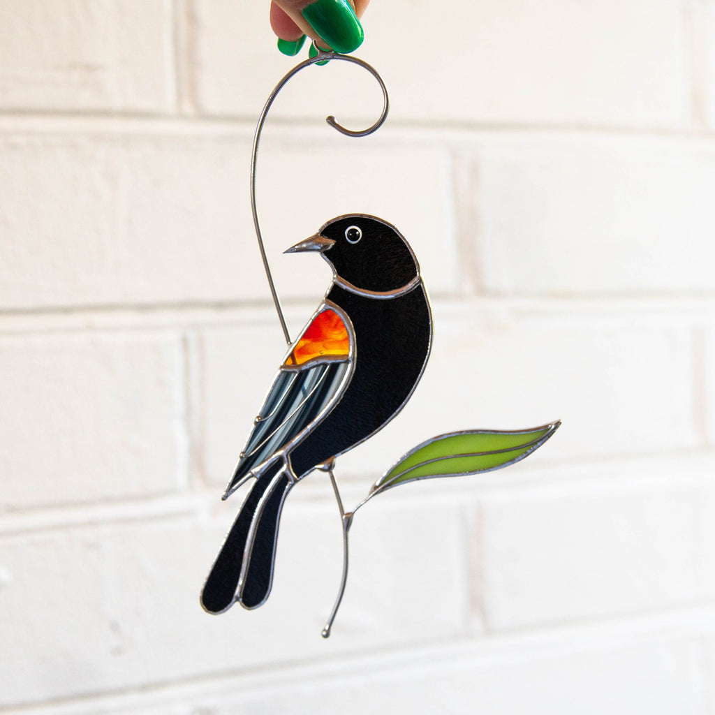 Red winged blackbird stained glass bird suncatcher Grandma gifts Custom stained glass art Godfather gift