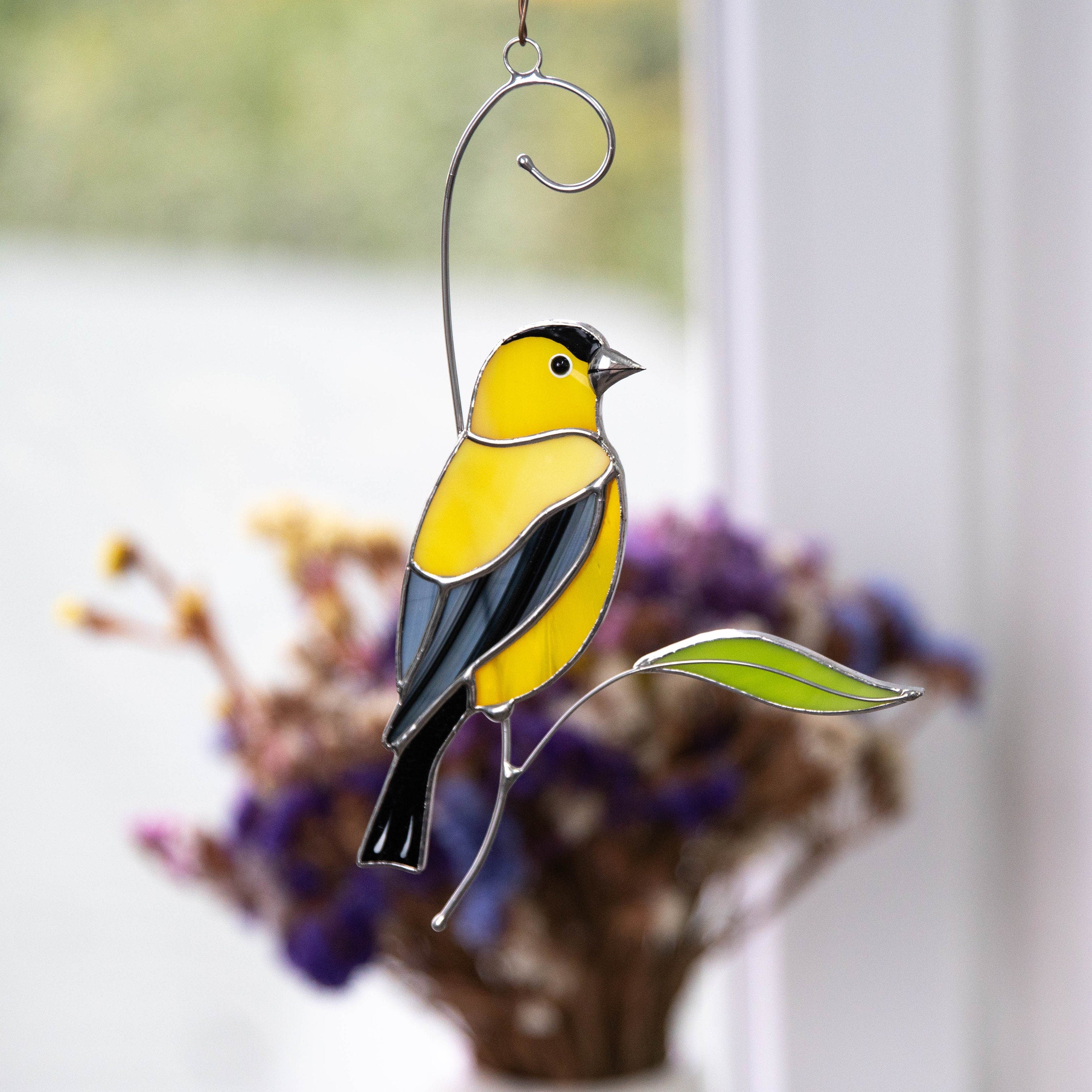 Goldfinch stained glass window hangings Unique gift for mom Custom stained glass bird art Bird lover gifts