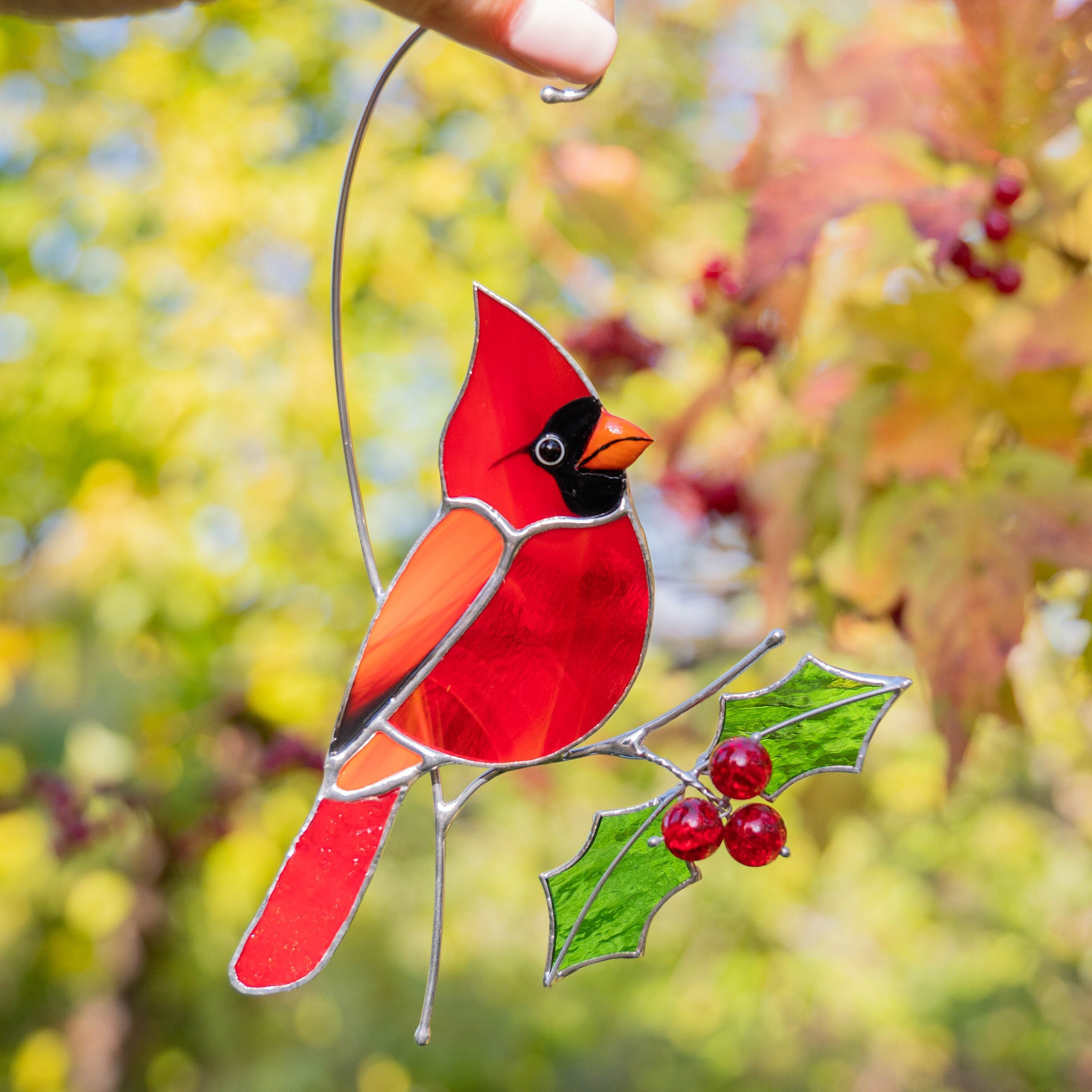Cardinal stained glass bird Godfather gift Cardinal ornament stained glass suncatcher Bird lover gifts stained glass window hangings