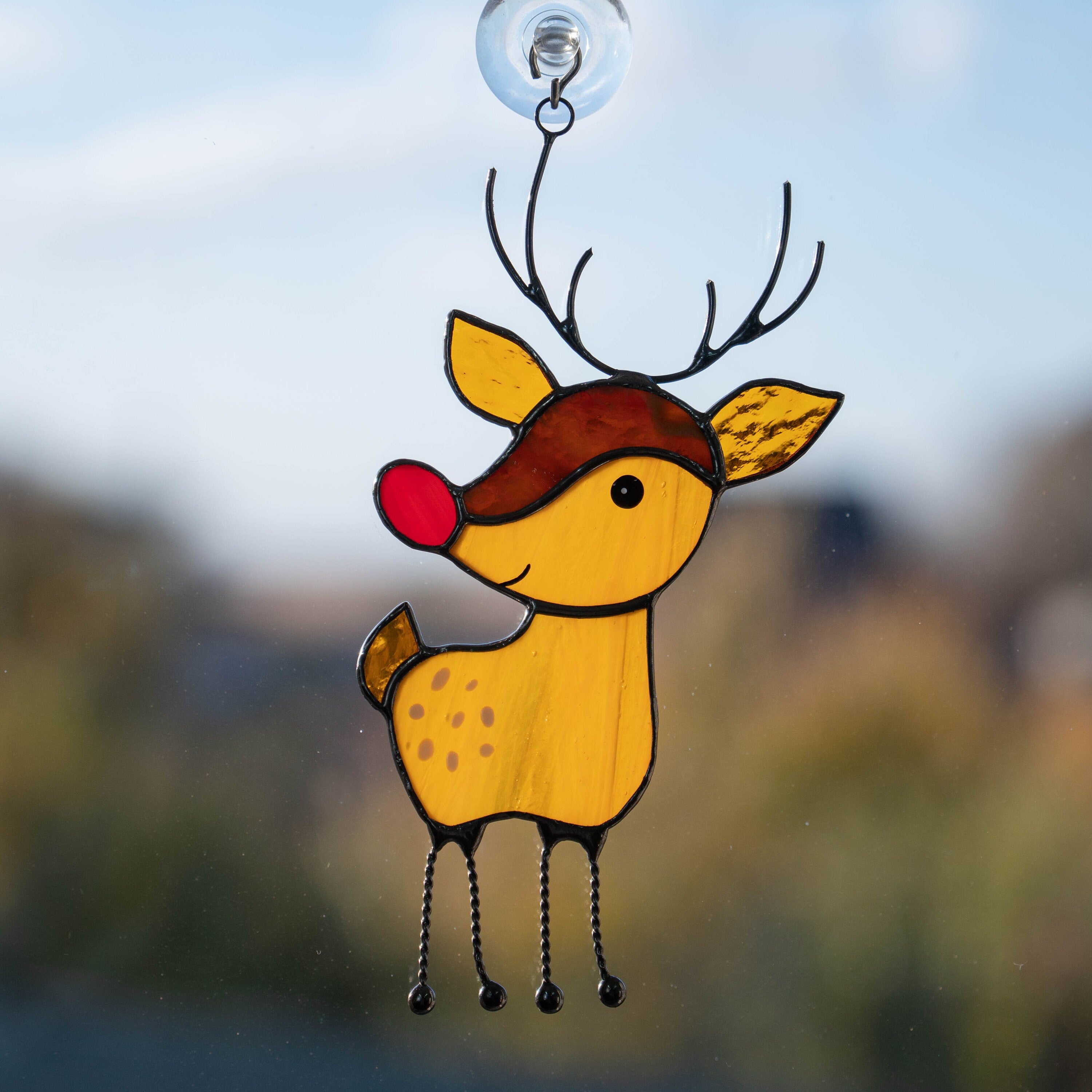 Rudolph stained glass reindeer sun catcher Granddaughter gifts Christmas gifts ideas stained glass window hangings Holiday hosting decor