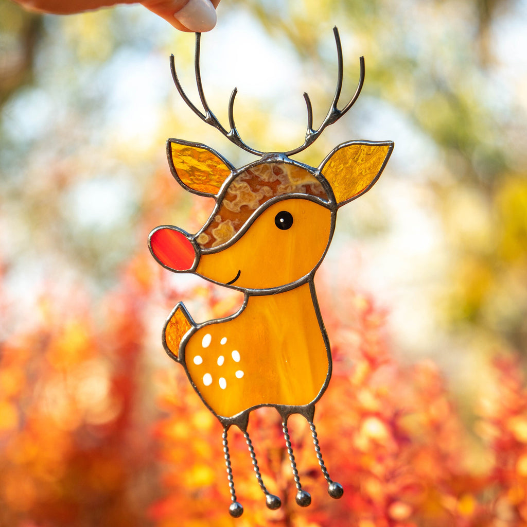 Rudolph stained glass reindeer sun catcher Granddaughter gifts Christmas gifts ideas stained glass window hangings Holiday hosting decor