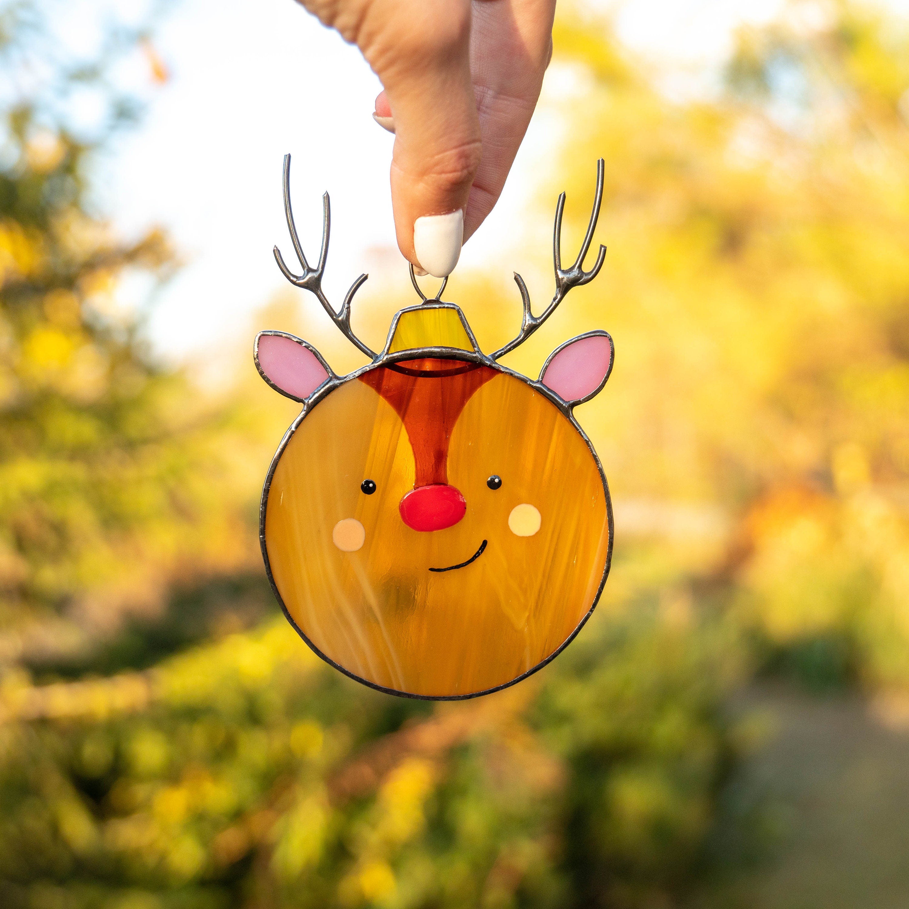 Christmas balls stained glass window hangings Unique holiday gift Reindeer stained glass suncatcher Christmas tree ornaments