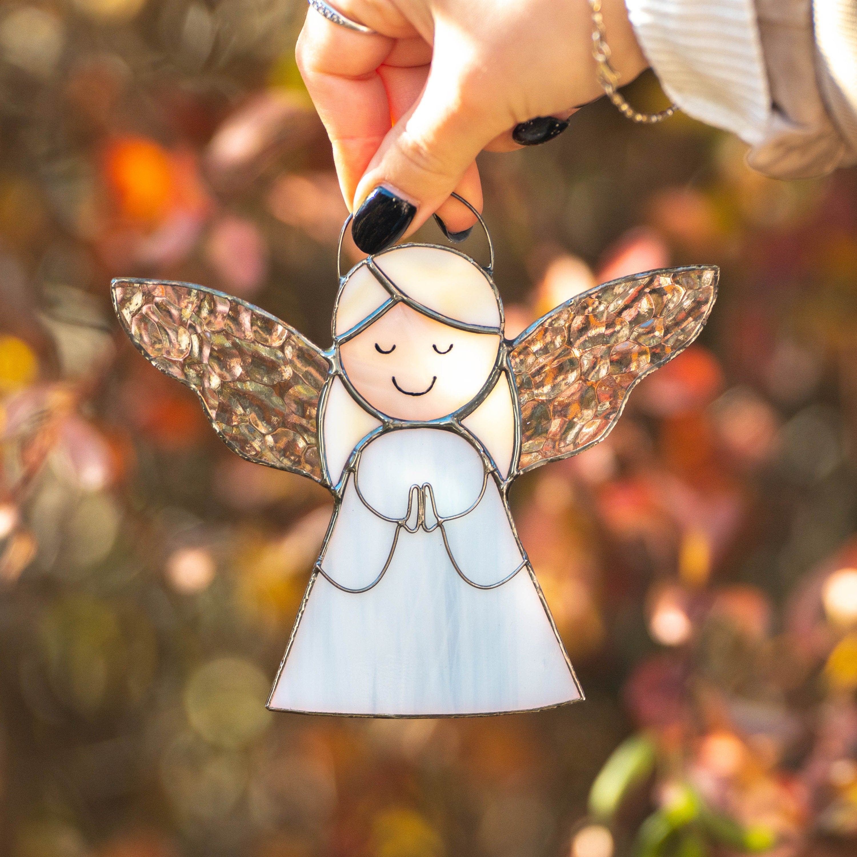 Stained glass angel suncatcher New mom gift Custom stained glass window hangings Guardian angel