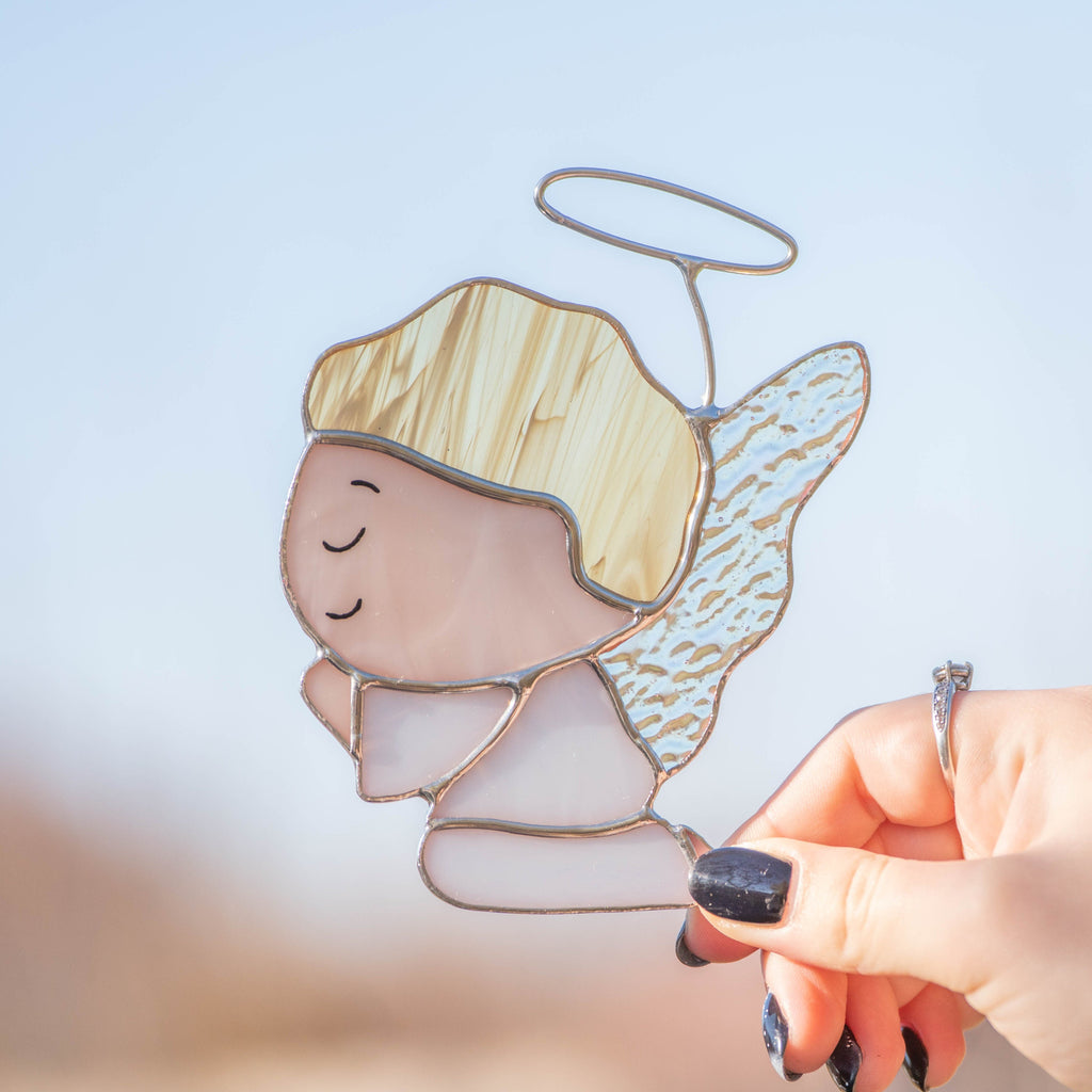 Stained glass angel suncatcher New mom gift Custom stained glass window hangings Guardian angel