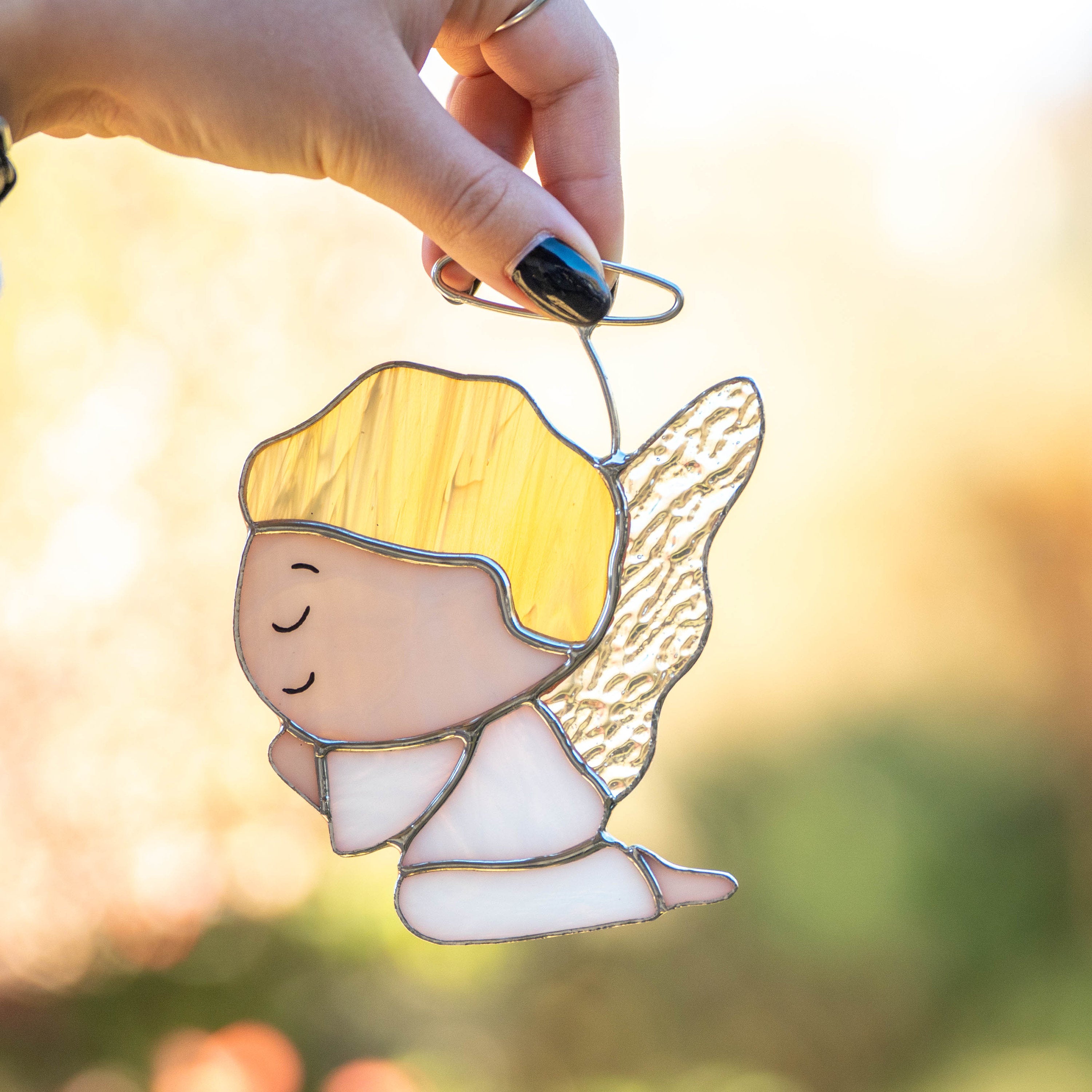 Stained glass angel suncatcher New mom gift Custom stained glass window hangings Guardian angel