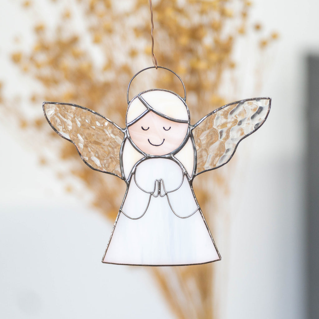 Stained glass angel suncatcher New mom gift Custom stained glass window hangings Guardian angel
