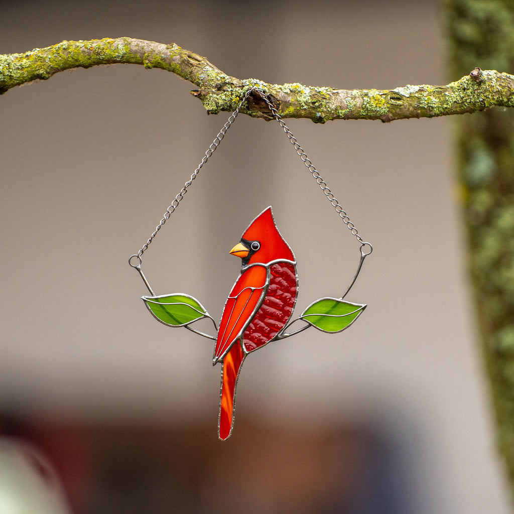 Stained glass cardinal bird Gift for dad Custom stained glass cardinal memorial ornament Stained glass window hangings Garden decoration