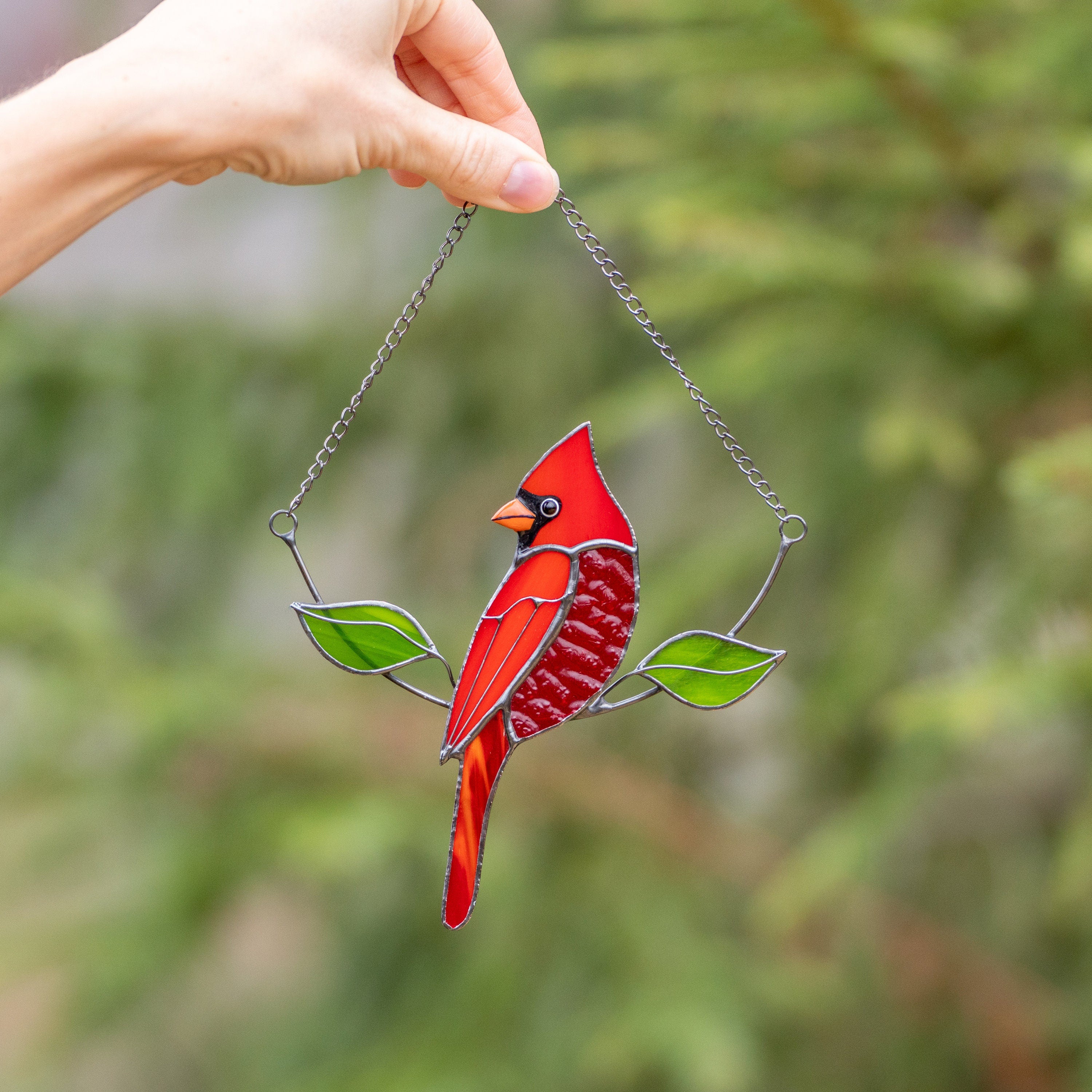 Stained glass cardinal bird Gift for dad Custom stained glass cardinal memorial ornament Stained glass window hangings Garden decoration