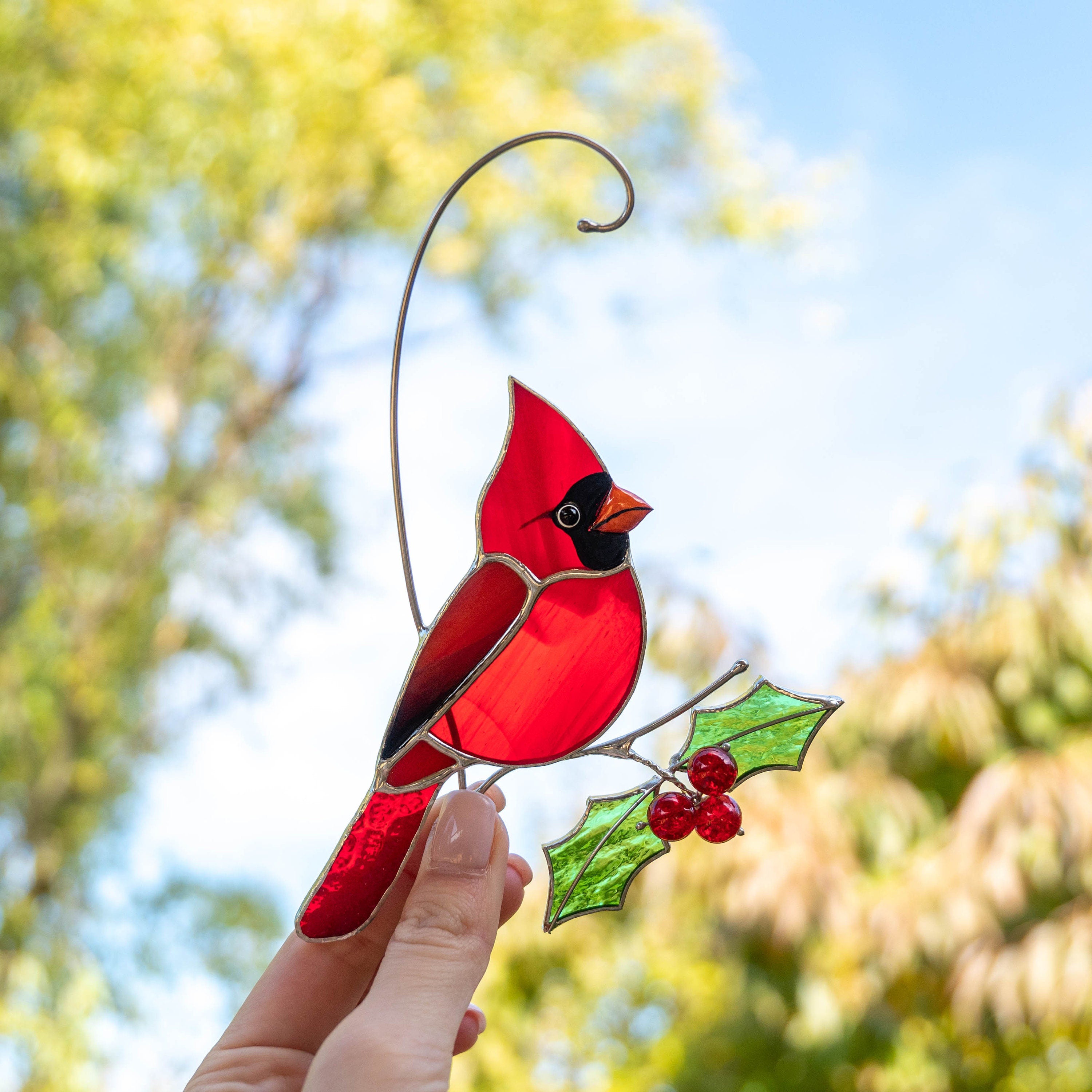 Cardinal stained glass bird Godfather gift Cardinal ornament stained glass suncatcher Bird lover gifts stained glass window hangings