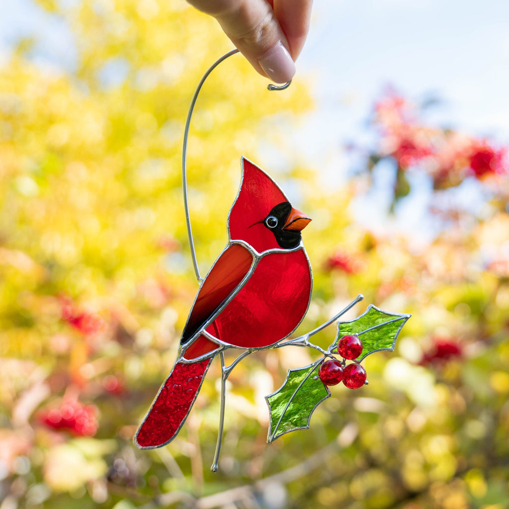 Cardinal stained glass bird Godfather gift Cardinal ornament stained glass suncatcher Bird lover gifts stained glass window hangings
