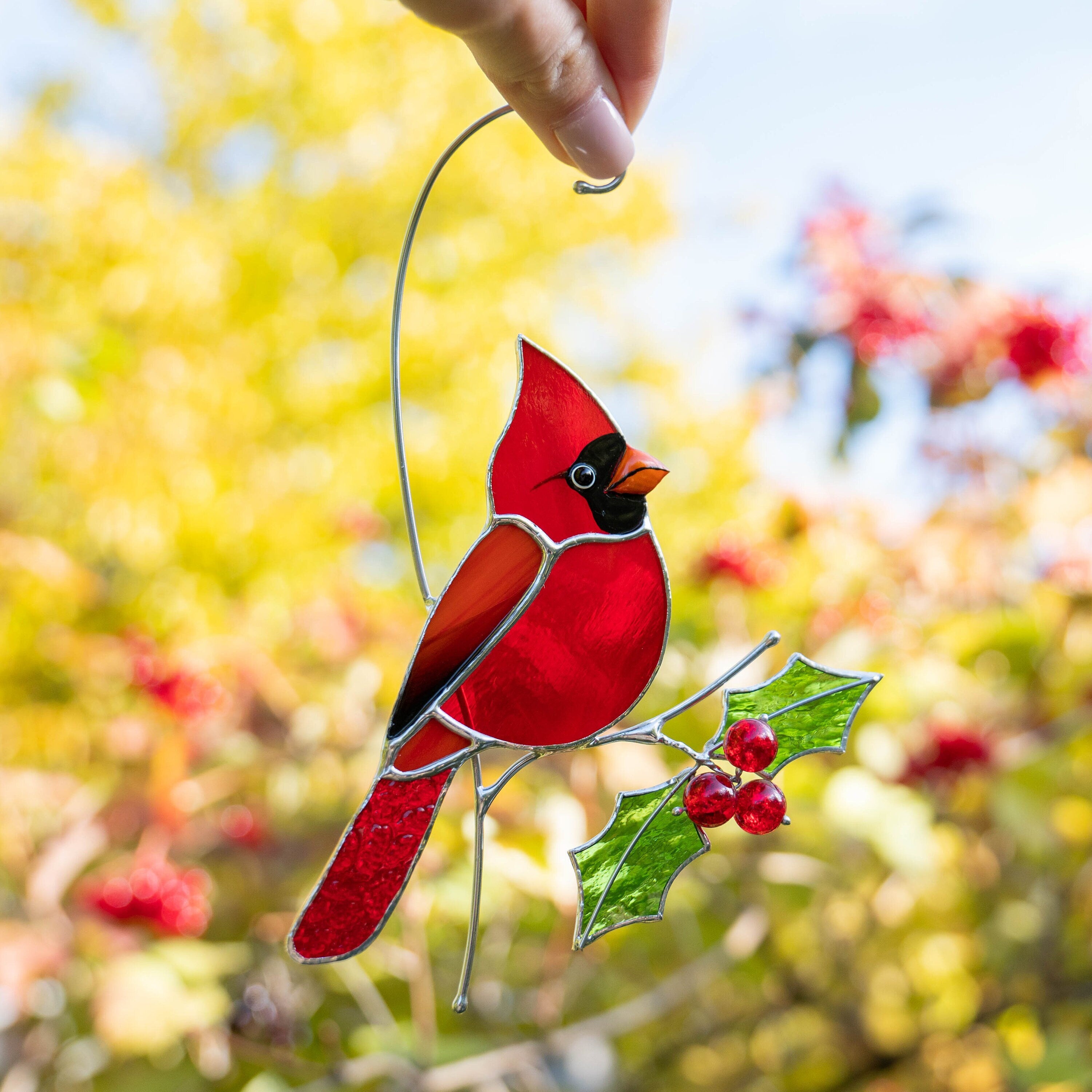 Cardinal stained glass bird Godfather gift Cardinal ornament stained glass suncatcher Bird lover gifts stained glass window hangings