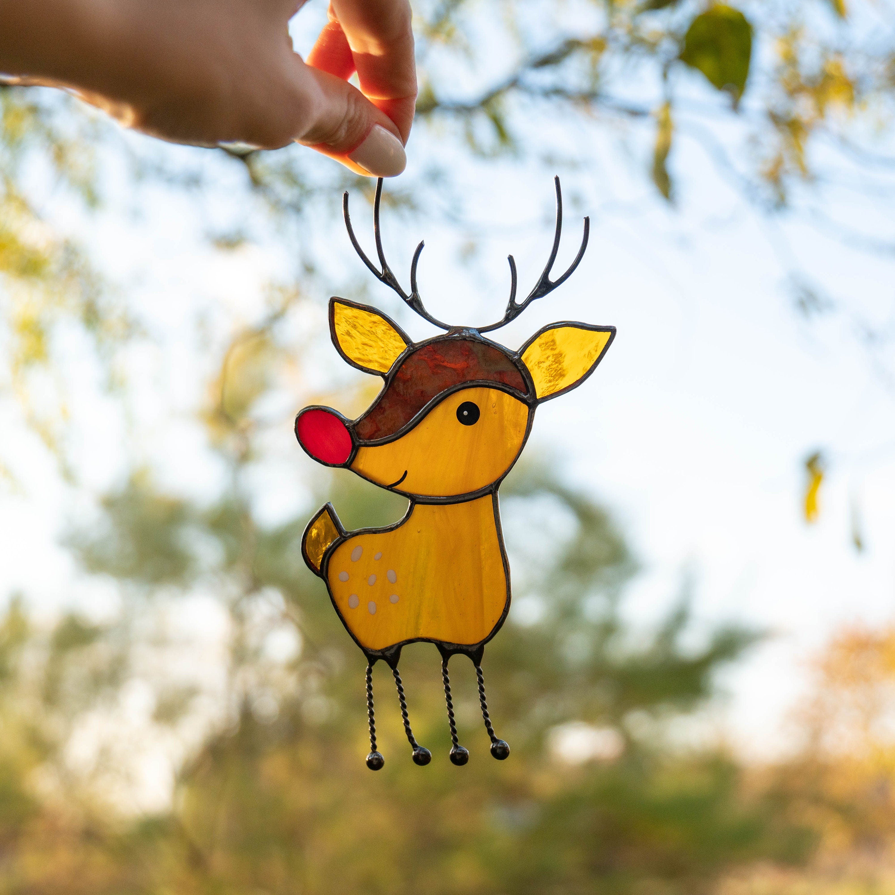 Rudolph stained glass reindeer sun catcher Granddaughter gifts Christmas gifts ideas stained glass window hangings Holiday hosting decor