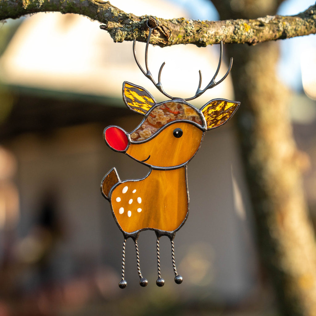 Rudolph stained glass reindeer sun catcher Granddaughter gifts Christmas gifts ideas stained glass window hangings Holiday hosting decor