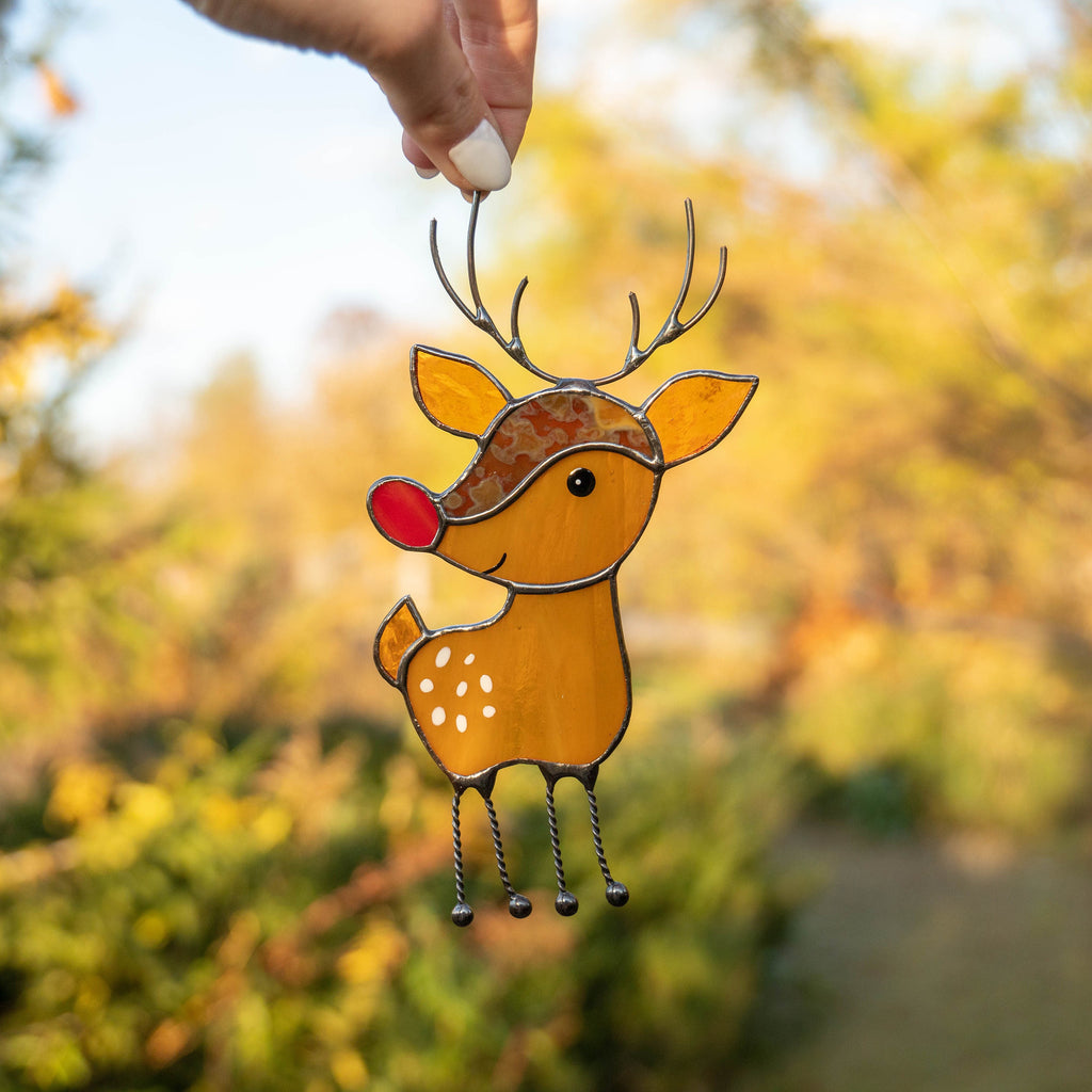 Rudolph stained glass reindeer sun catcher Granddaughter gifts Christmas gifts ideas stained glass window hangings Holiday hosting decor