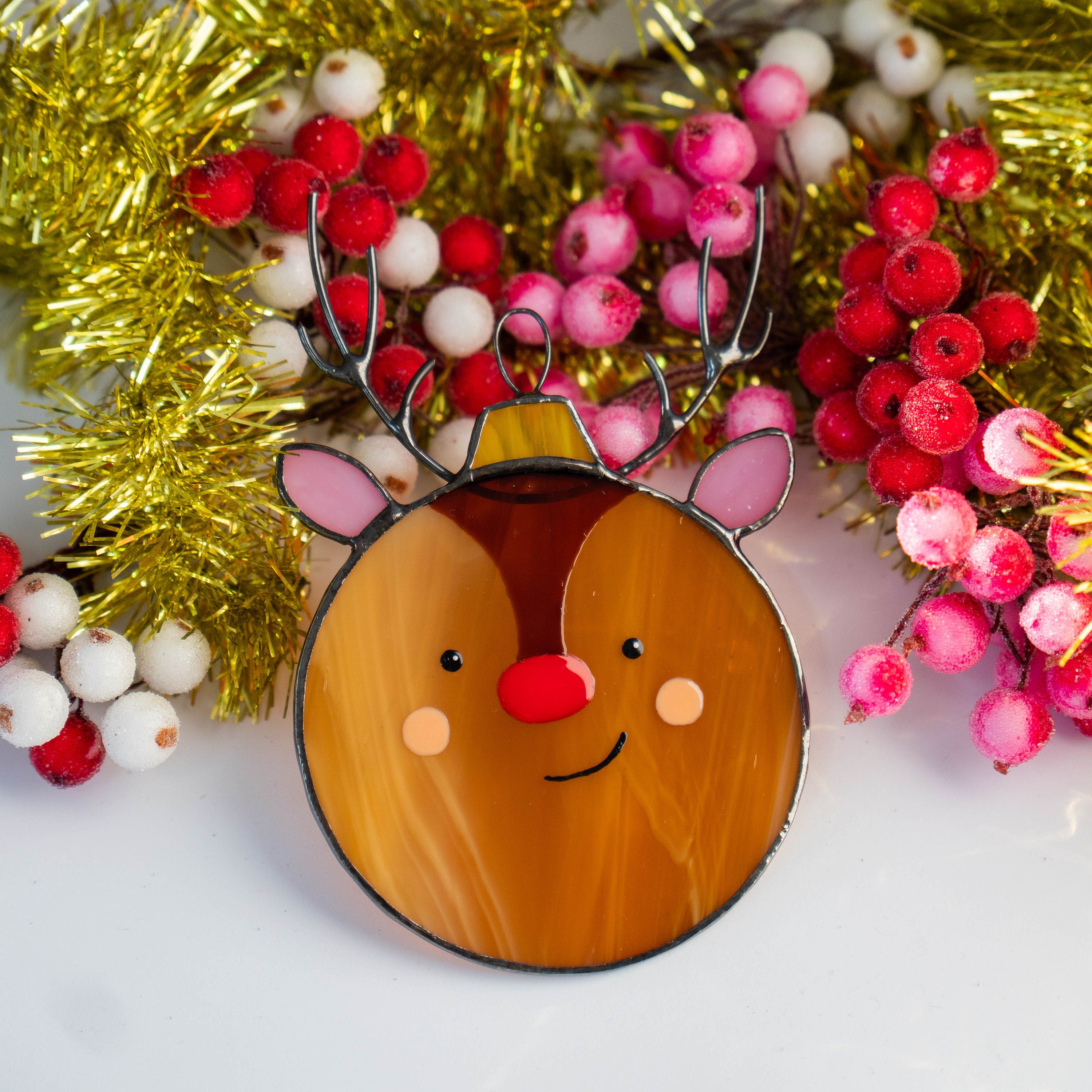 Christmas balls stained glass window hangings Unique holiday gift Reindeer stained glass suncatcher Christmas tree ornaments