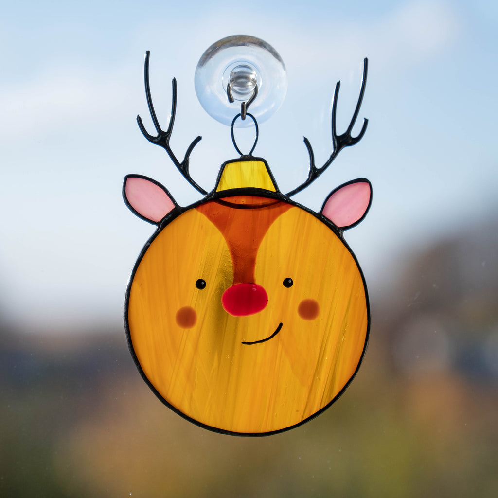 Christmas balls stained glass window hangings Unique holiday gift Reindeer stained glass suncatcher Christmas tree ornaments