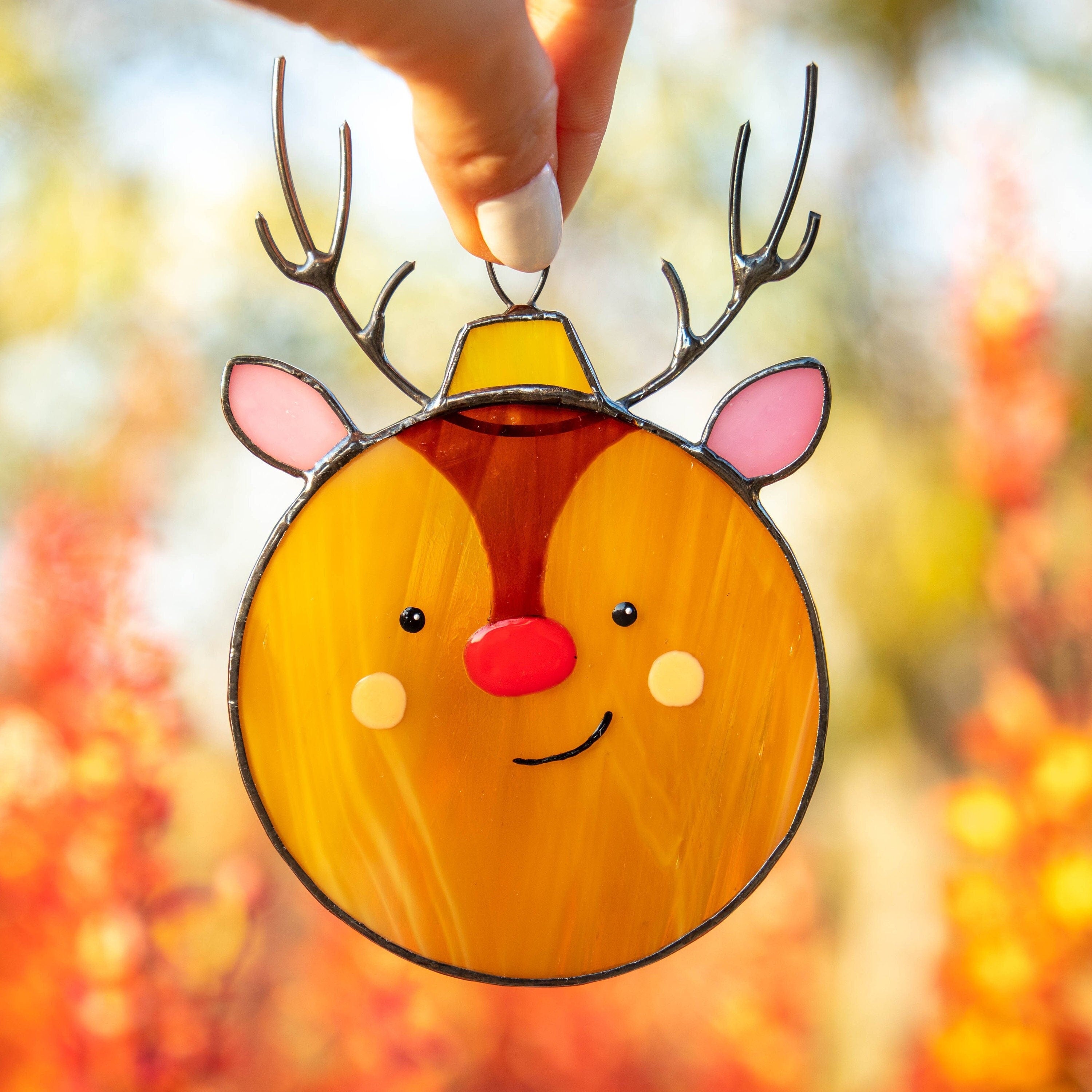 Christmas balls stained glass window hangings Unique holiday gift Reindeer stained glass suncatcher Christmas tree ornaments
