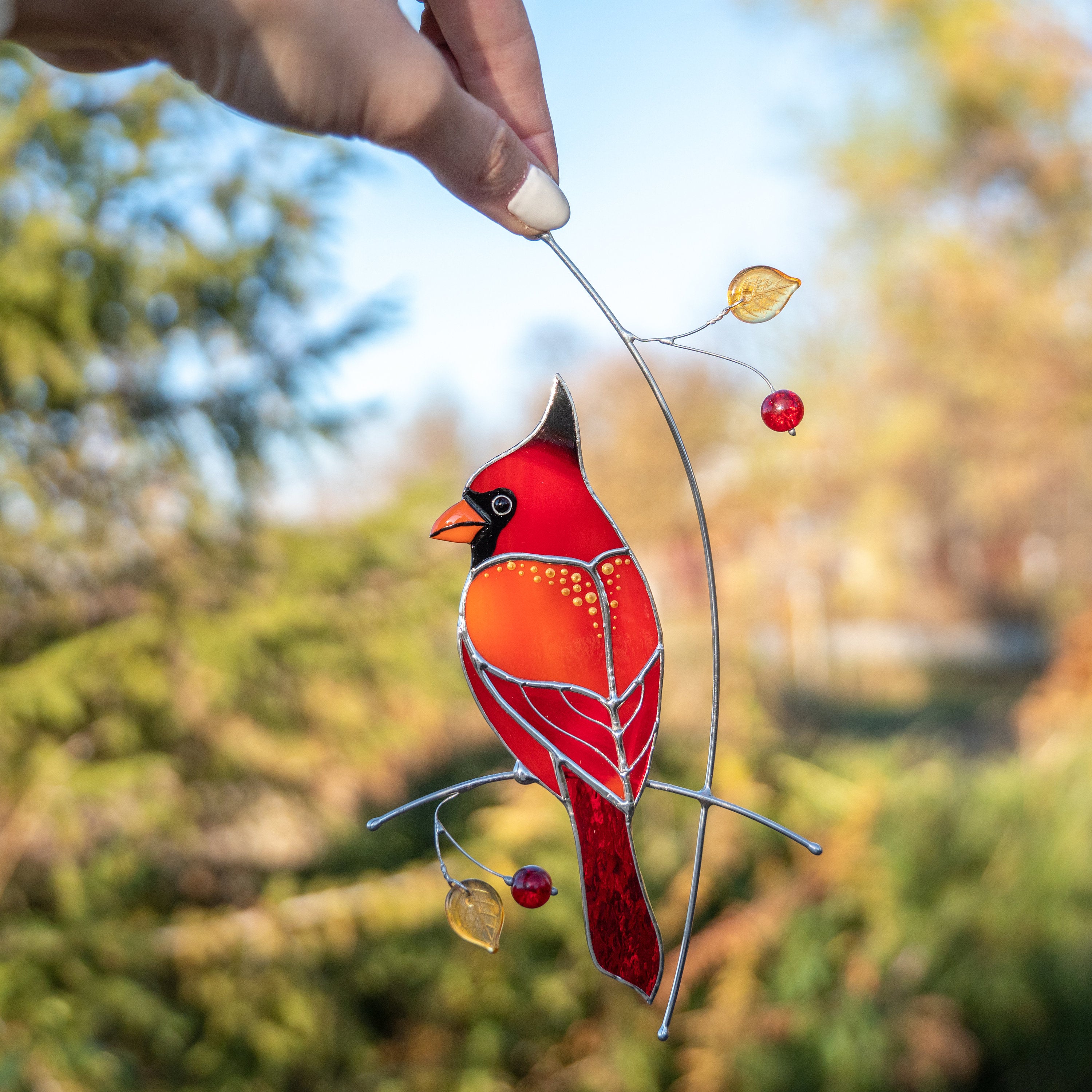 Cardinal stained glass memorial suncatcher Godfather gift Cardinal gifts stained glass window hangings Outdoor garden art