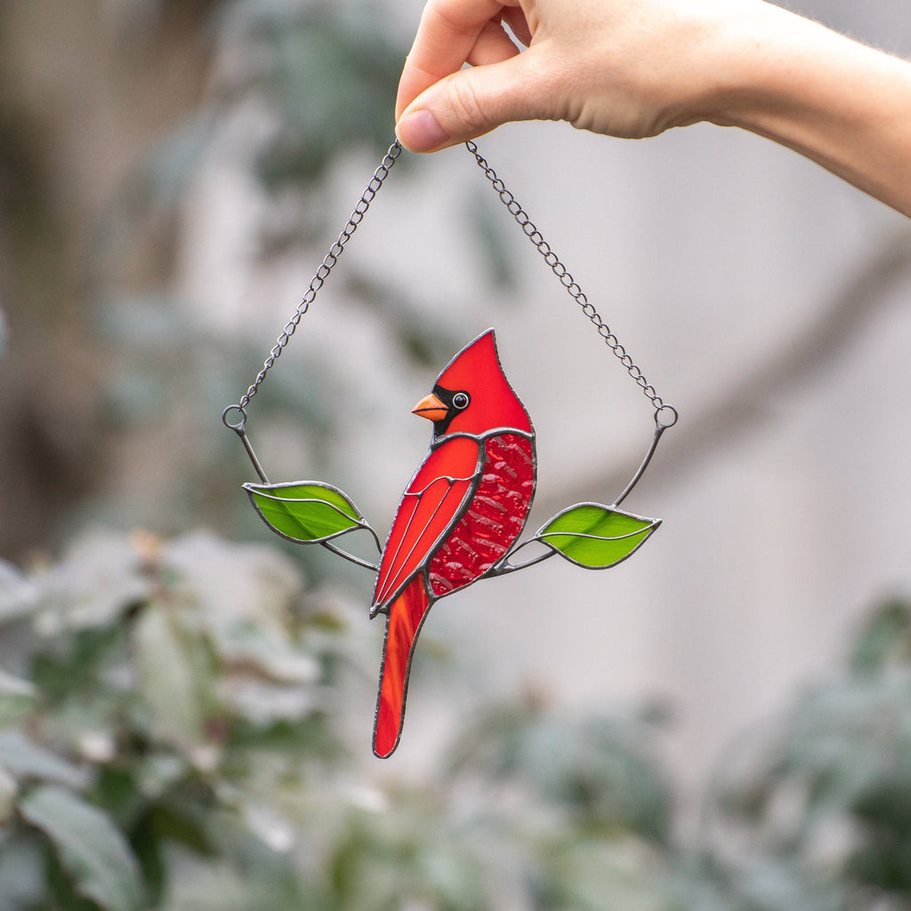 Stained glass cardinal bird Gift for dad Custom stained glass cardinal memorial ornament Stained glass window hangings Garden decoration