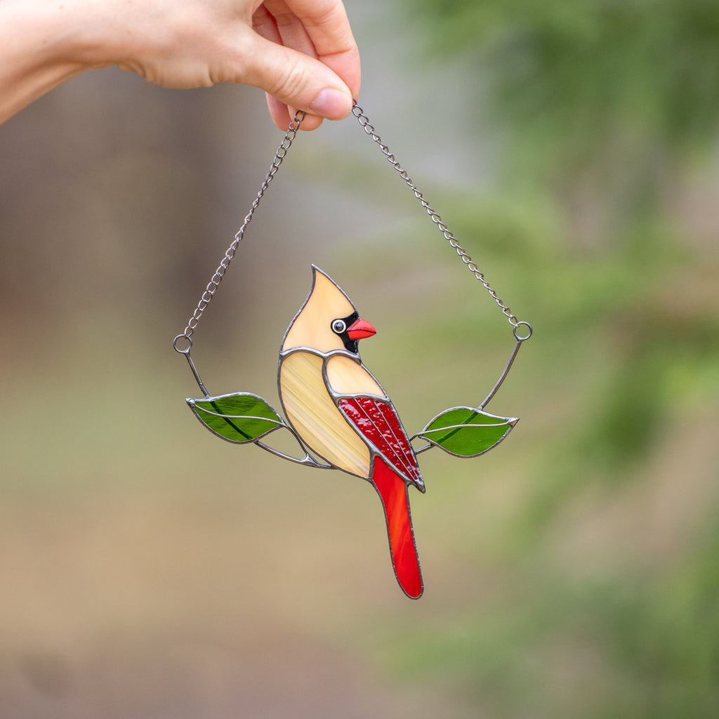 Cardinal bird stained glass window hangings Gifts for mom from daughter Custom stained glass bird suncatcher Cardinal memorial ornament