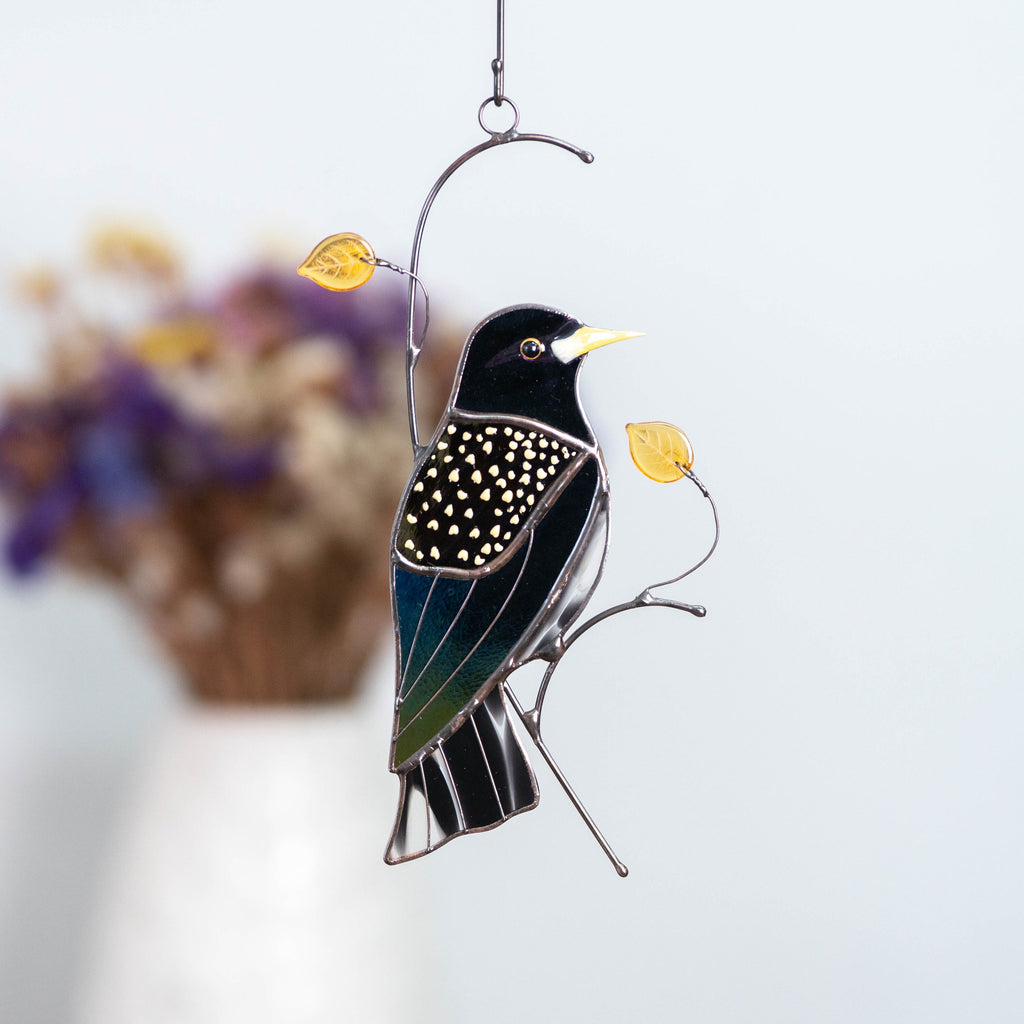 European starling bird stained glass window hangings Godfather gift Custom stained glass bird suncatcher New mom gift