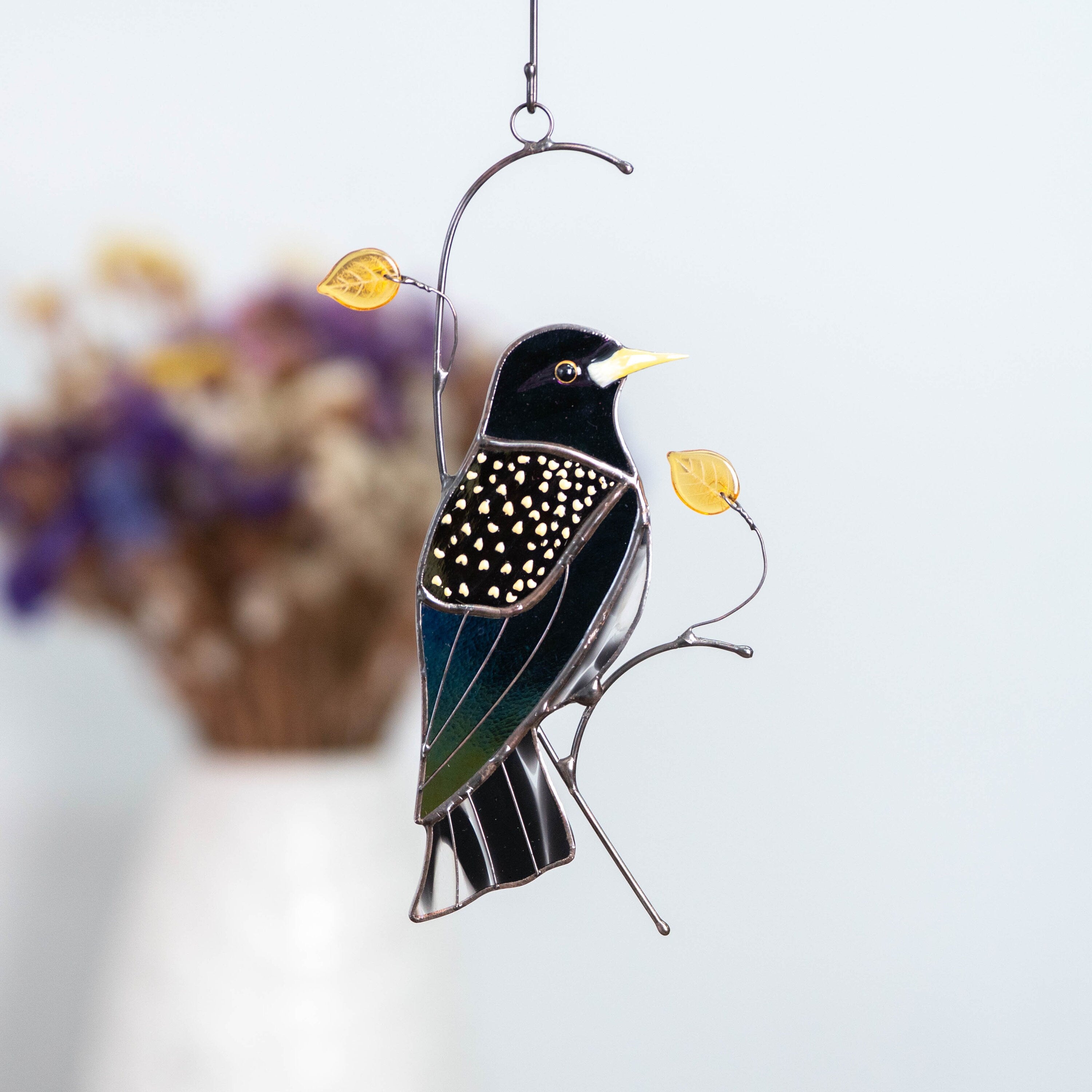 European starling bird stained glass window hangings Godfather gift Custom stained glass bird suncatcher New mom gift