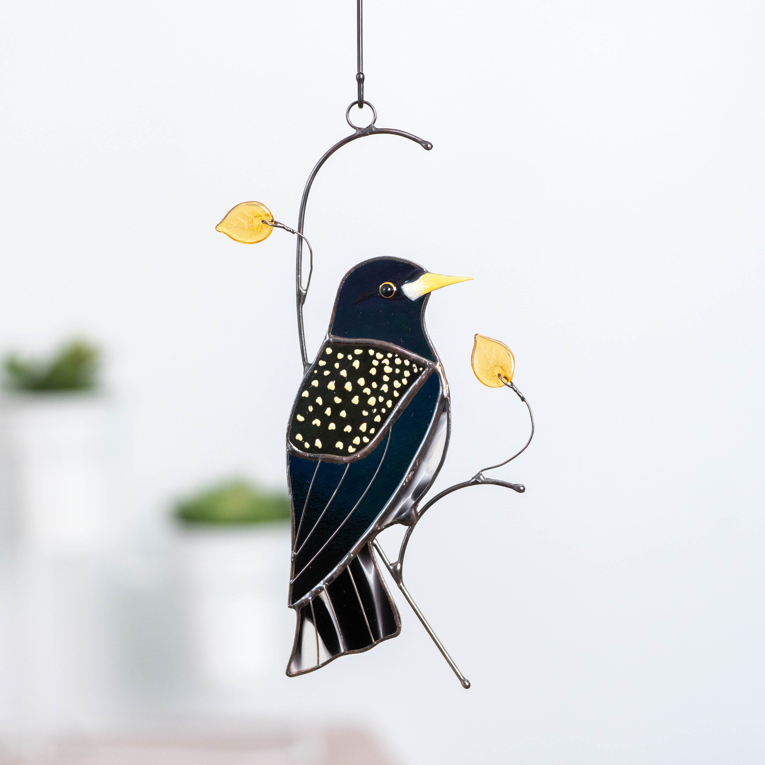 European starling bird stained glass window hangings Godfather gift Custom stained glass bird suncatcher New mom gift