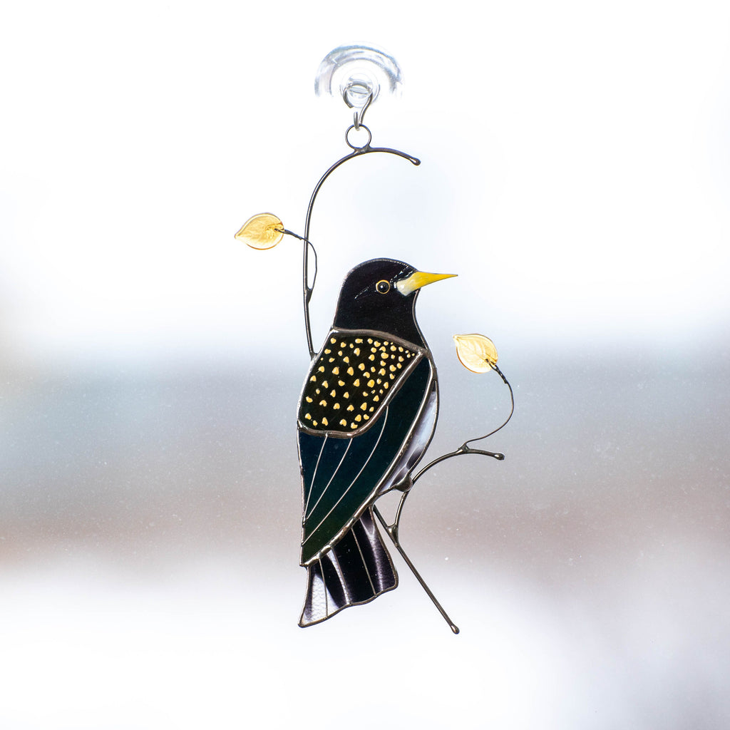 European starling bird stained glass window hangings Godfather gift Custom stained glass bird suncatcher New mom gift