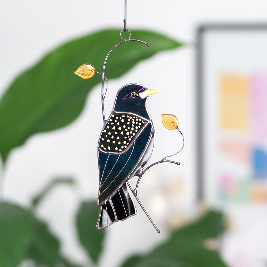 European starling bird stained glass window hangings Godfather gift Custom stained glass bird suncatcher New mom gift
