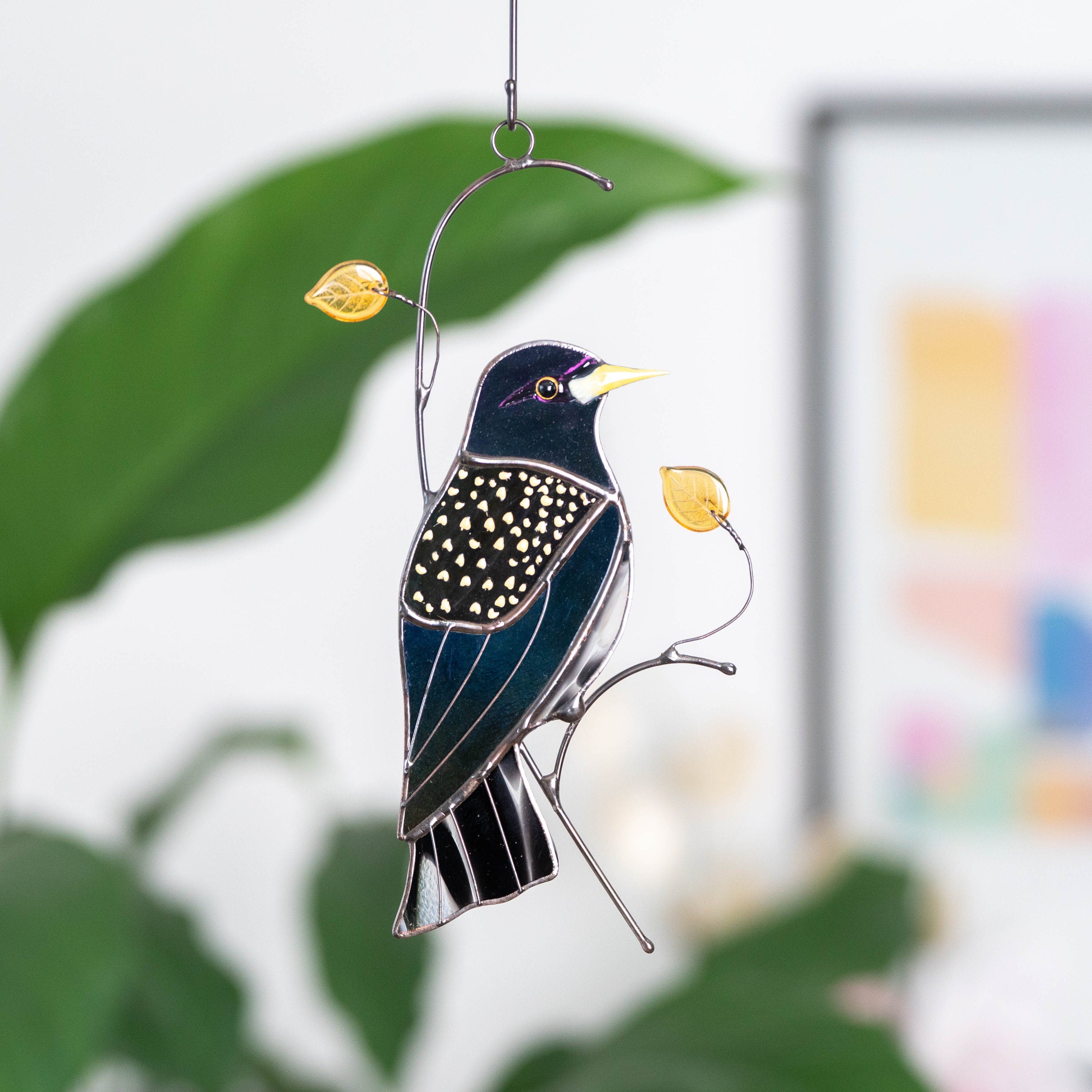 European starling bird stained glass window hangings Godfather gift Custom stained glass bird suncatcher New mom gift