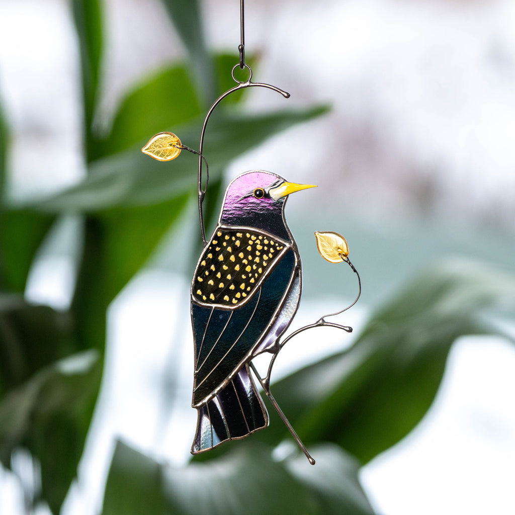 European starling bird stained glass window hangings Godfather gift Custom stained glass bird suncatcher New mom gift