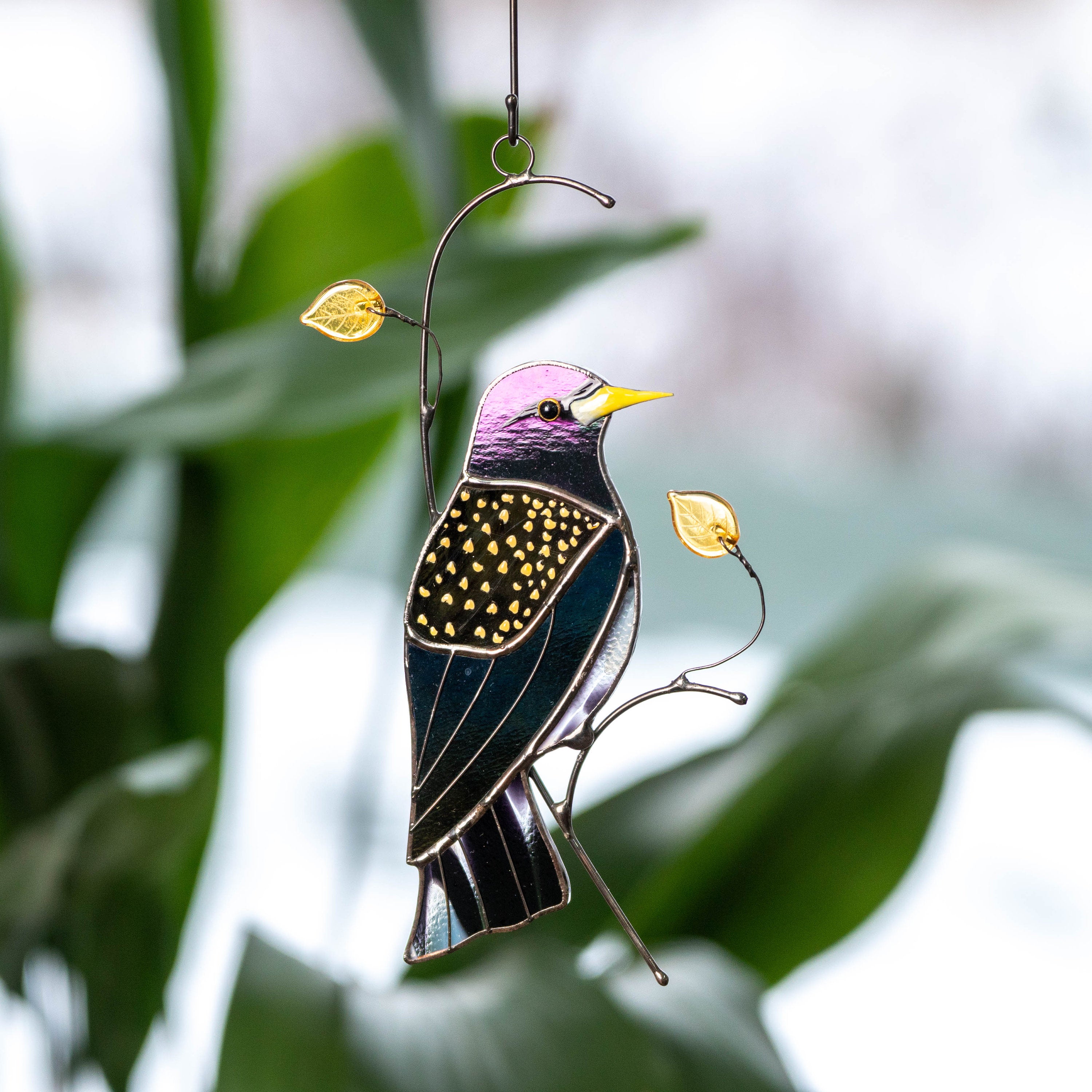 European starling bird stained glass window hangings Godfather gift Custom stained glass bird suncatcher New mom gift
