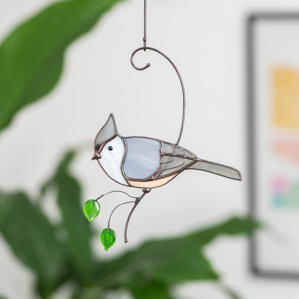 Tufted titmouse stained glass window hangings New mom gift House warming gifts new home Stained glass bird suncatcher