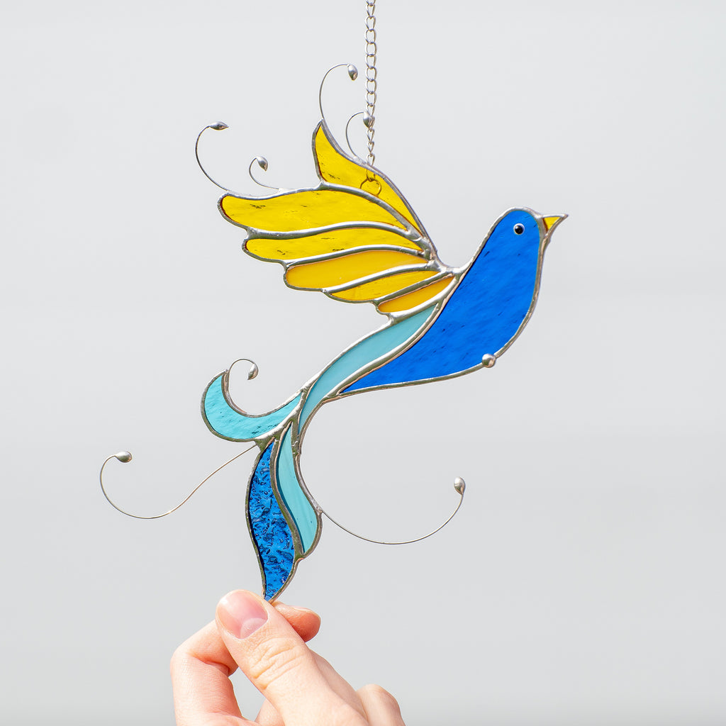 Ukraine stained glass bird suncatcher Ukrainian gifts Bird stained glass window hangings Glass bird ornaments Ukrainian flag