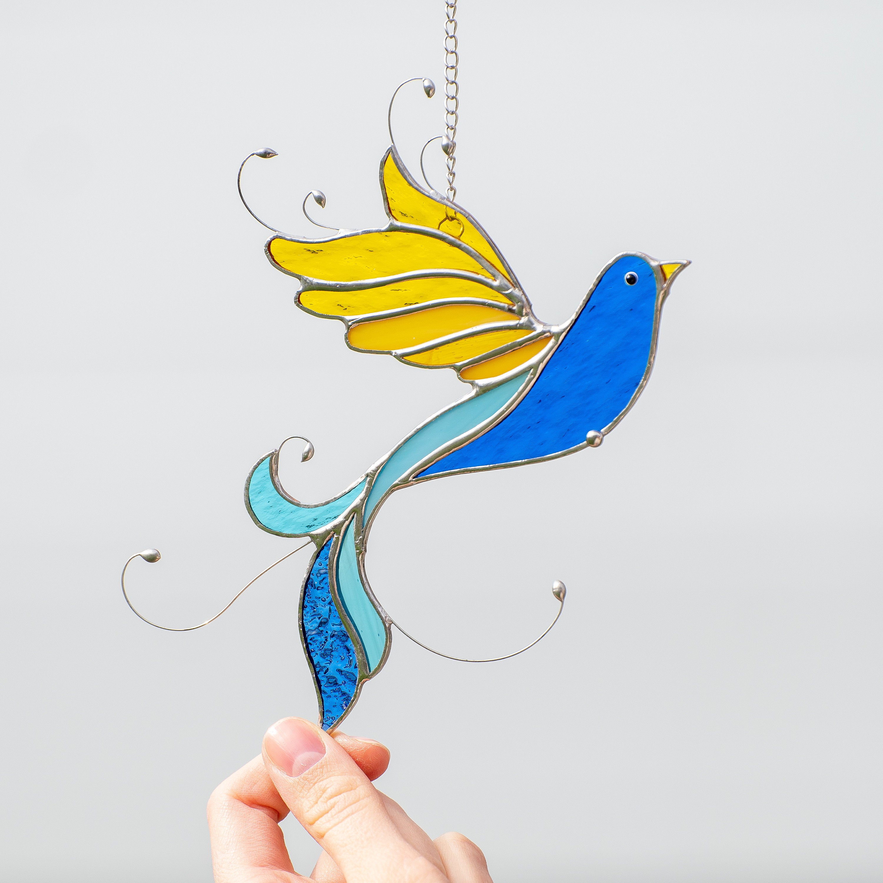 Ukraine stained glass bird suncatcher Ukrainian gifts Bird stained glass window hangings Glass bird ornaments Ukrainian flag