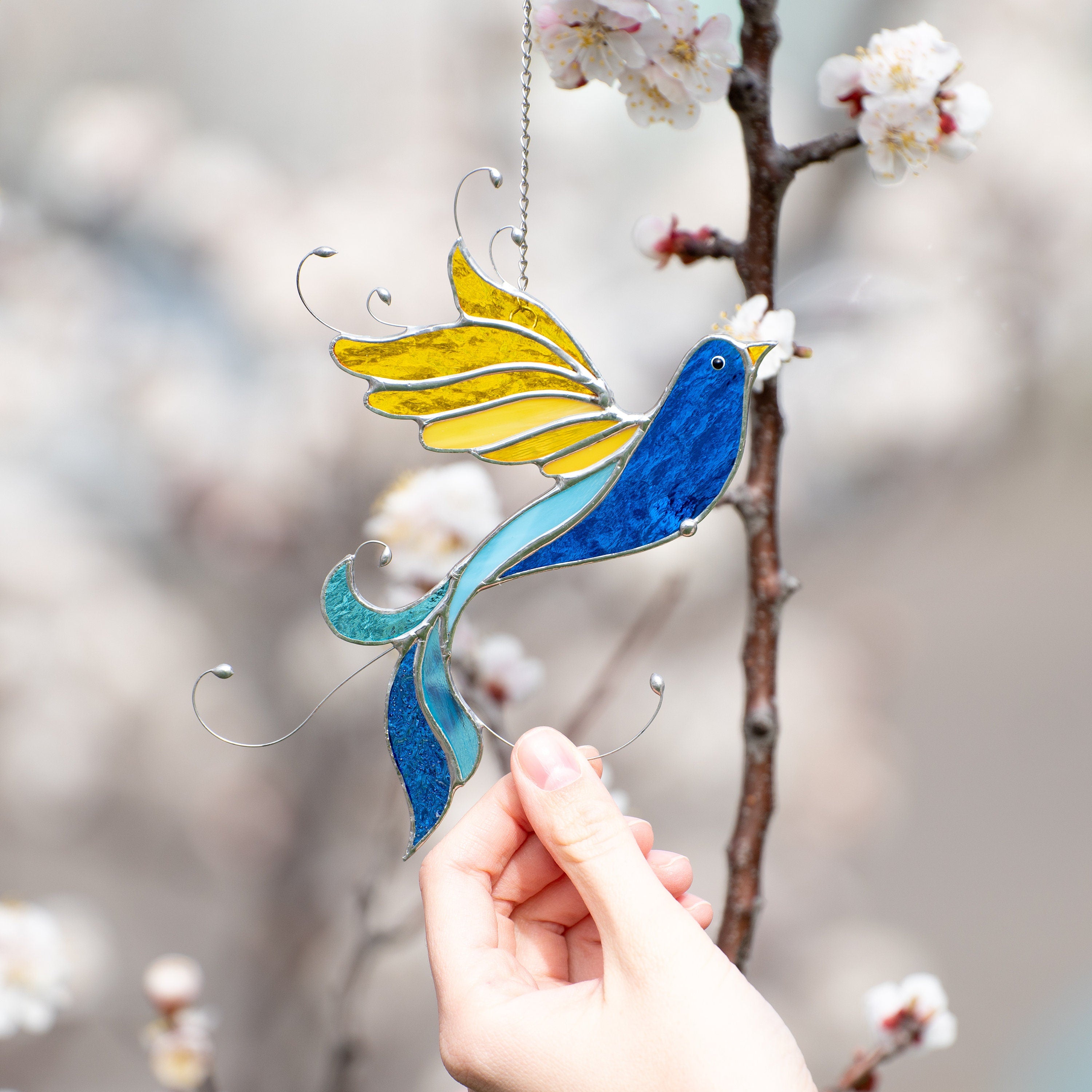 Ukraine stained glass bird suncatcher Ukrainian gifts Bird stained glass window hangings Glass bird ornaments Ukrainian flag