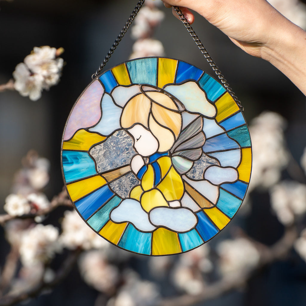 Angel stained glass window panel Ukrainian gifts Baptism gift New baby gift Guardian angel stained glass window hangings Nursery decor