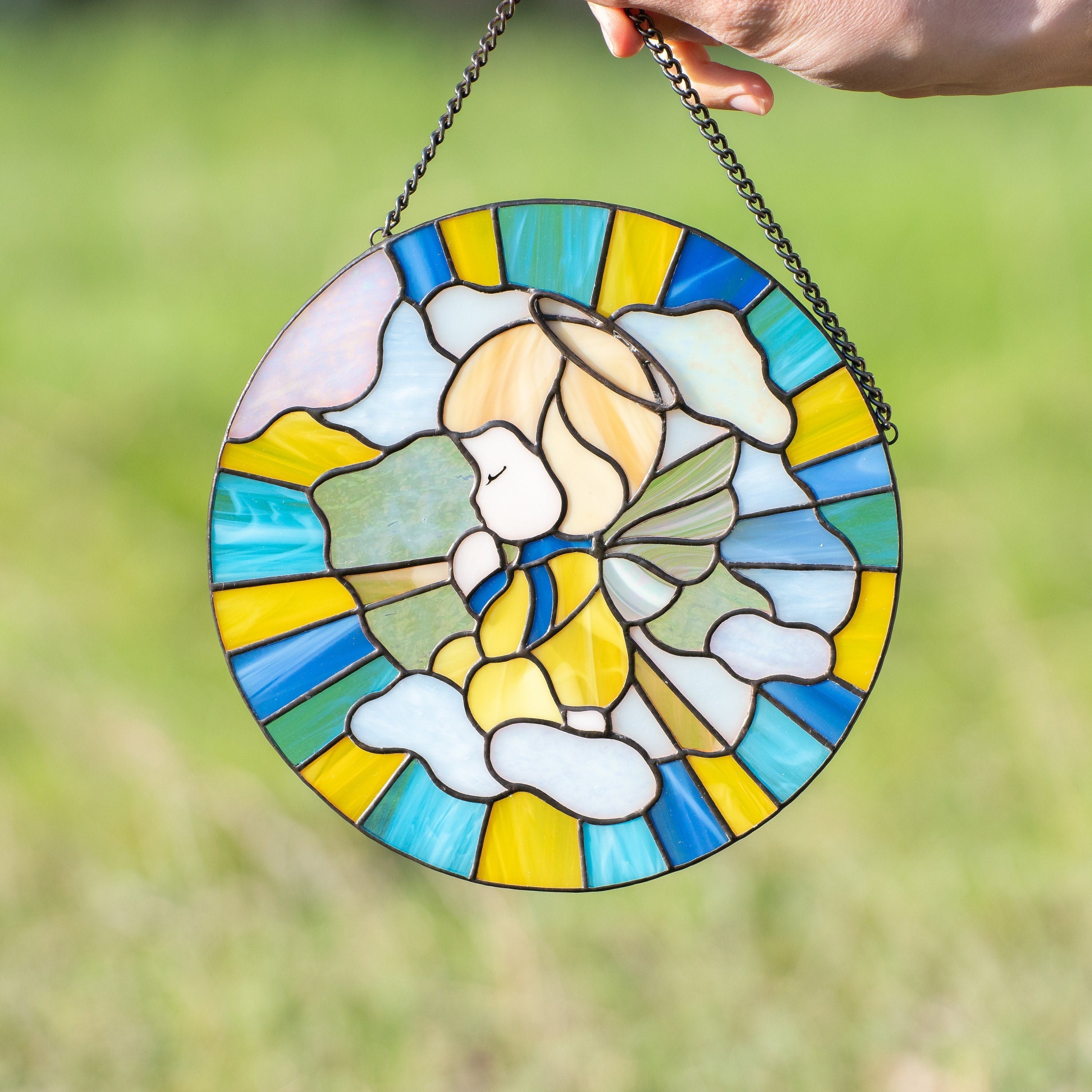 Angel stained glass window panel Ukrainian gifts Baptism gift New baby gift Guardian angel stained glass window hangings Nursery decor