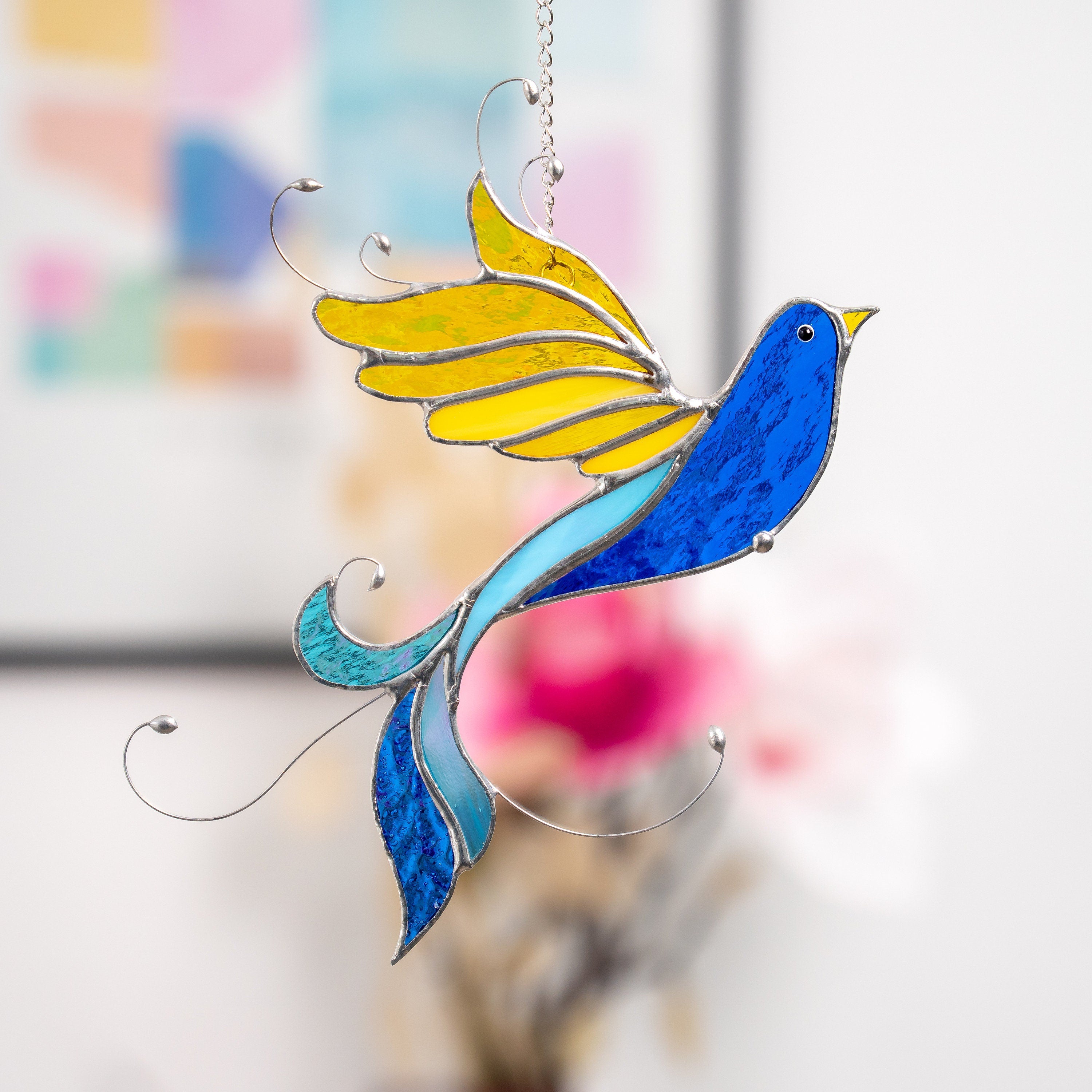 Ukraine stained glass bird suncatcher Ukrainian gifts Bird stained glass window hangings Glass bird ornaments Ukrainian flag