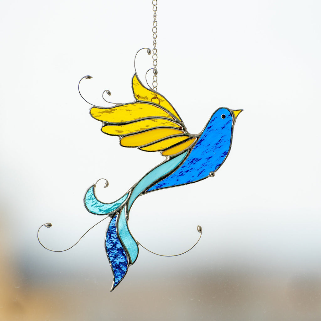 Ukraine stained glass bird suncatcher Ukrainian gifts Bird stained glass window hangings Glass bird ornaments Ukrainian flag
