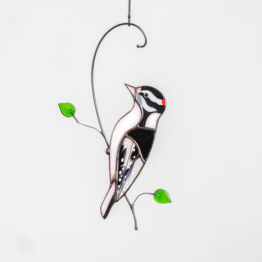 Downy woodpecker stained glass window hangings Godfather gift Custom stained glass bird suncatcher New mom gift Handmade product