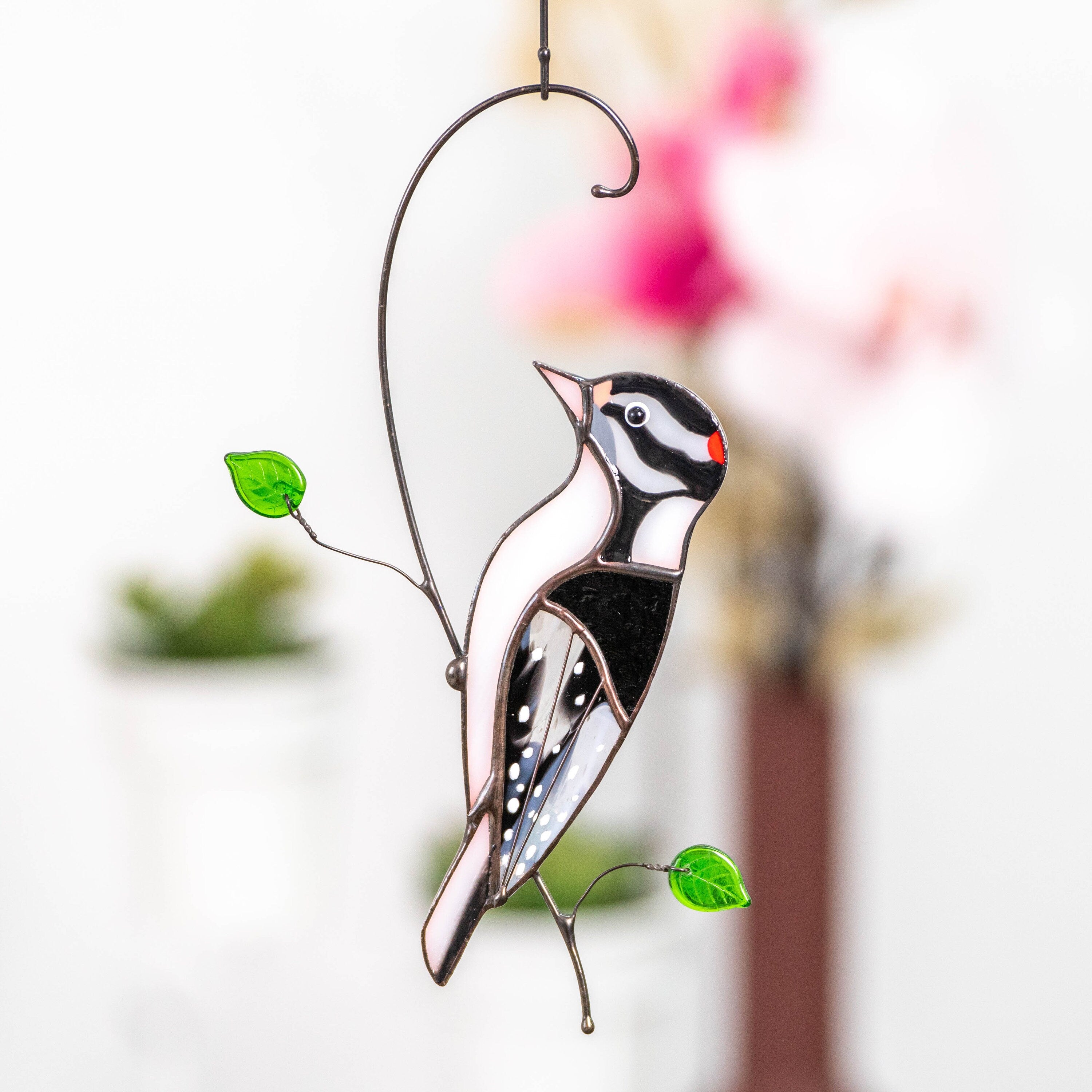 Downy woodpecker stained glass window hangings Godfather gift Custom stained glass bird suncatcher New mom gift Handmade product