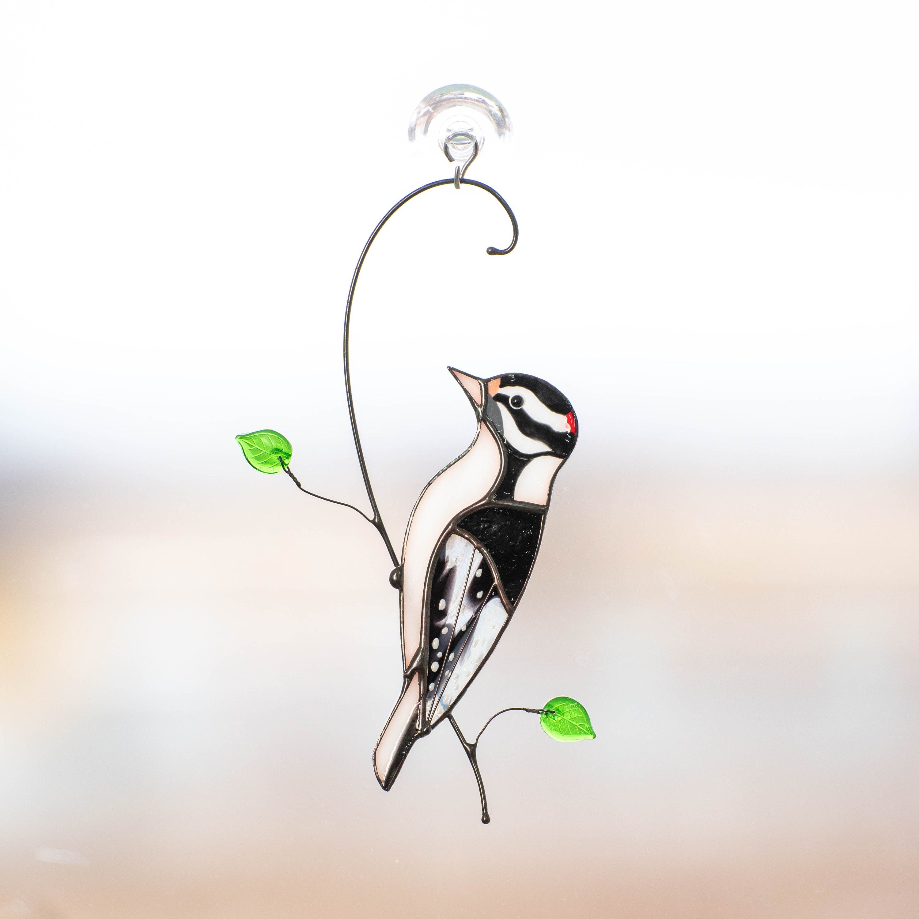 Downy woodpecker stained glass window hangings Godfather gift Custom stained glass bird suncatcher New mom gift Handmade product