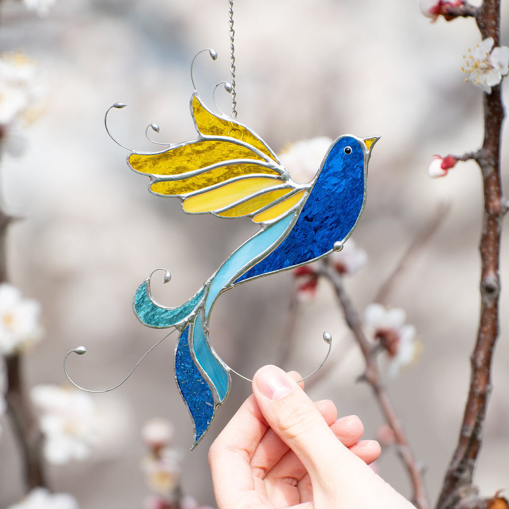 Ukraine stained glass bird suncatcher Ukrainian gifts Bird stained glass window hangings Glass bird ornaments Ukrainian flag