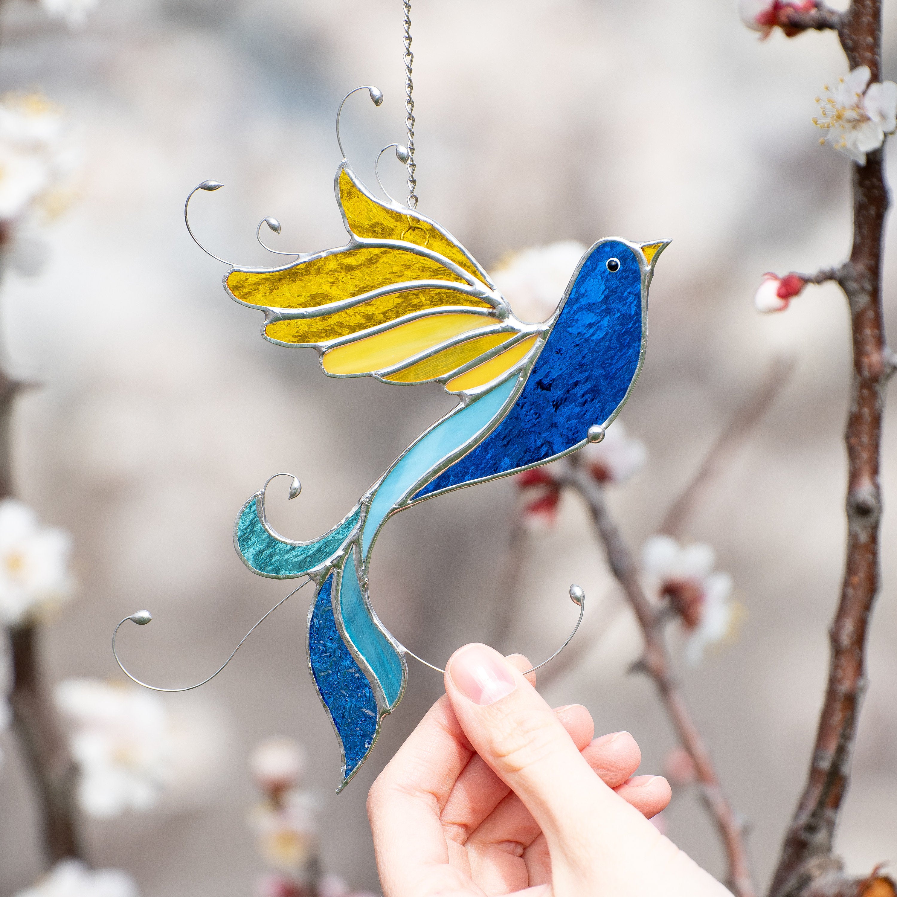 Ukraine stained glass bird suncatcher Ukrainian gifts Bird stained glass window hangings Glass bird ornaments Ukrainian flag