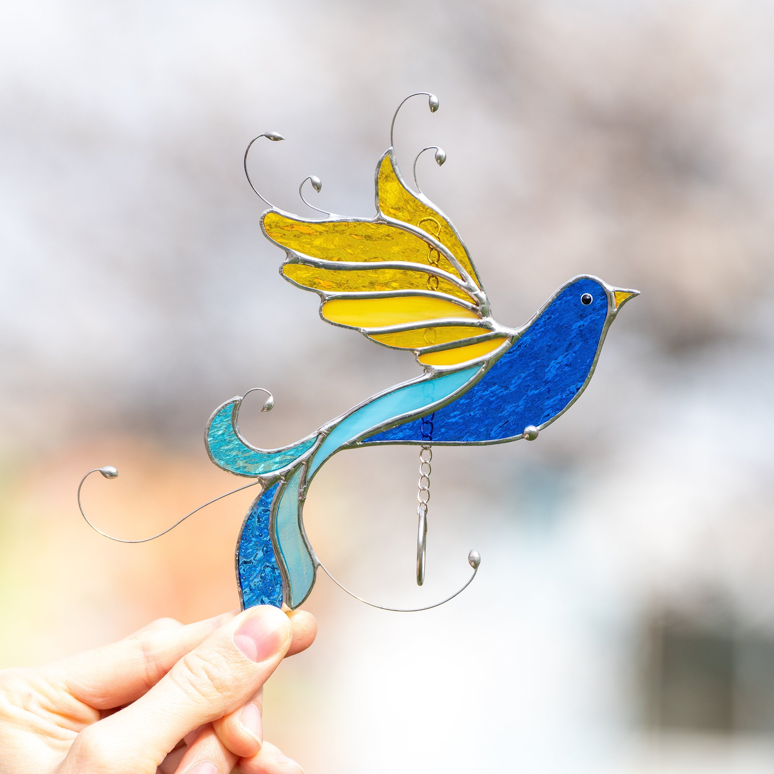 Ukraine stained glass bird suncatcher Ukrainian gifts Bird stained glass window hangings Glass bird ornaments Ukrainian flag