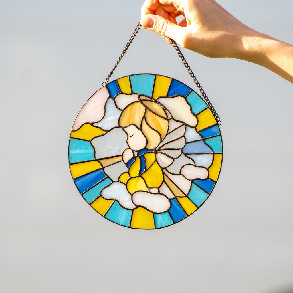 Angel stained glass window panel Ukrainian gifts Baptism gift New baby gift Guardian angel stained glass window hangings Nursery decor
