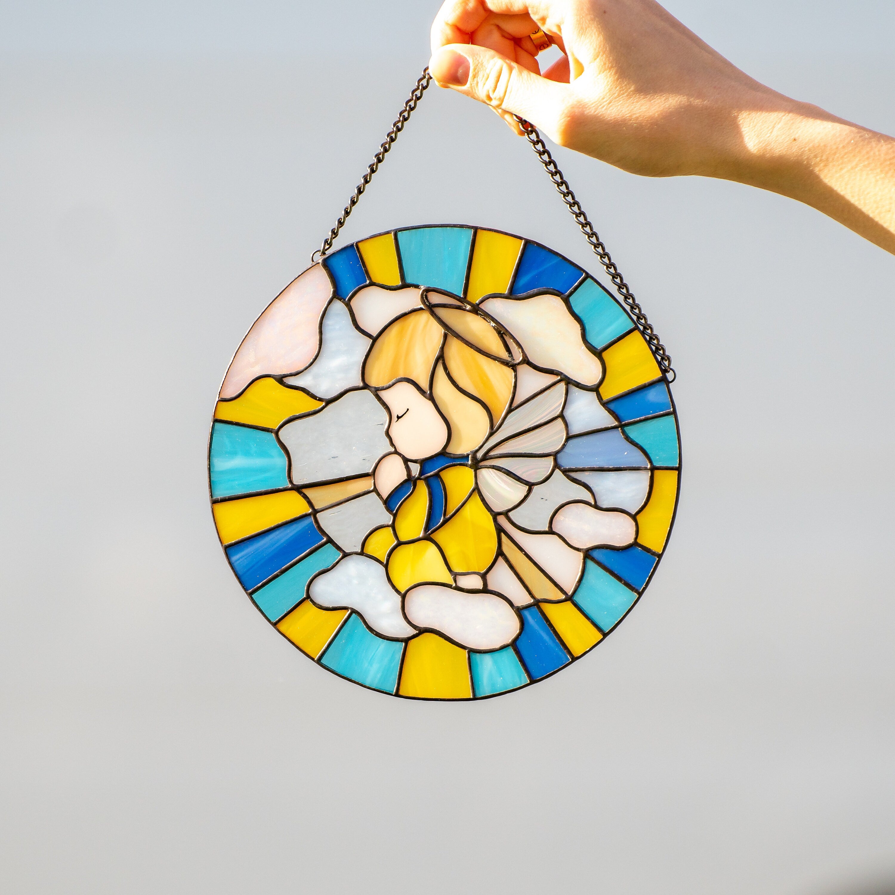 Angel stained glass window panel Ukrainian gifts Baptism gift New baby gift Guardian angel stained glass window hangings Nursery decor