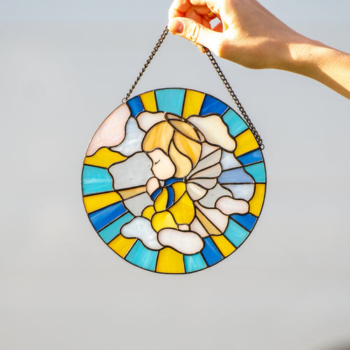 Angel stained glass window panel Ukrainian gifts Baptism gift New baby gift Guardian angel stained glass window hangings Nursery decor